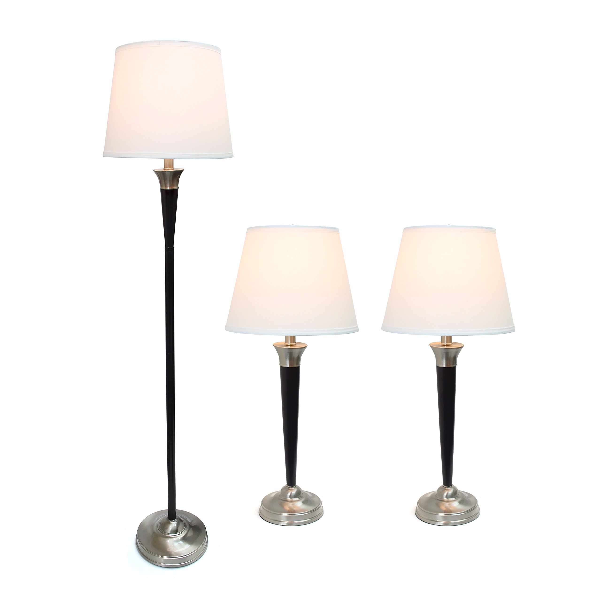 Elegant LC1018-MBC Malbec Black & Brushed Nickel 3-Piece Lamp Set (2 Table Lamps + 1 Floor Lamp) with White Fabric Shades - Modern Lighting for Living Room, Bedroom & Office Decor