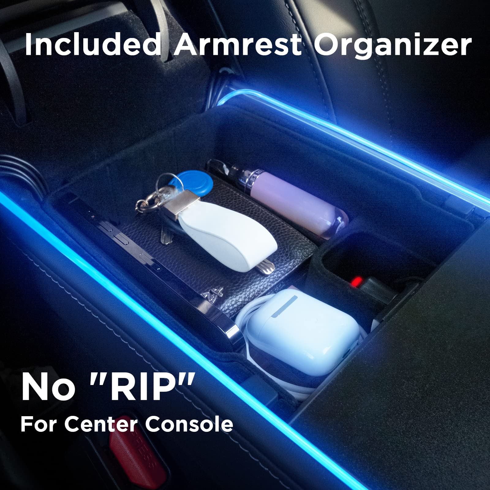 2016-2020 Tesla Model 3 & Y Interior LED Ambient Lighting Kit - APP Controlled Neon Lights (Center Console, Dashboard, Seat Back & 4 Foot Lights) with Matching Armrest Organizer | Customizable Car Mood Lighting for Night Driving & Interior Styling