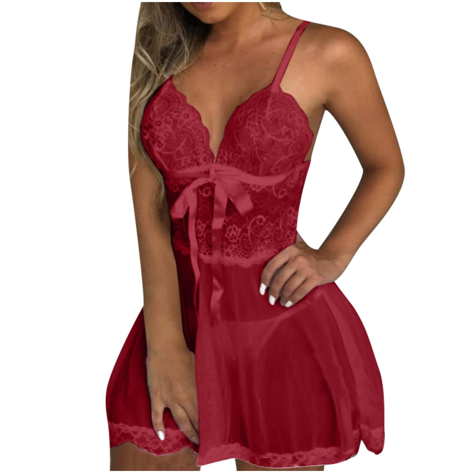 Sexy Lace Chemise Nightgown for Women - V-Neck See-Through Hollow Out Teddy Lingerie & Cami Skirt Sleepwear Set | Perfect for Valentine's Day, Honeymoon & Romantic Nights