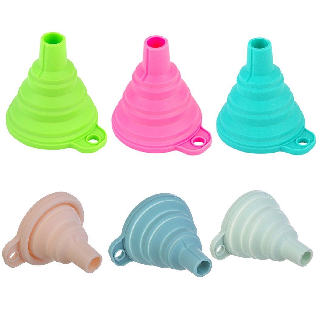 Food Grade Silicone Collapsible Funnel Set of 6 - Small Foldable Kitchen Funnel for Liquid & Powder Transfer - Perfect for Cooking, Baking, Camping & DIY Projects
