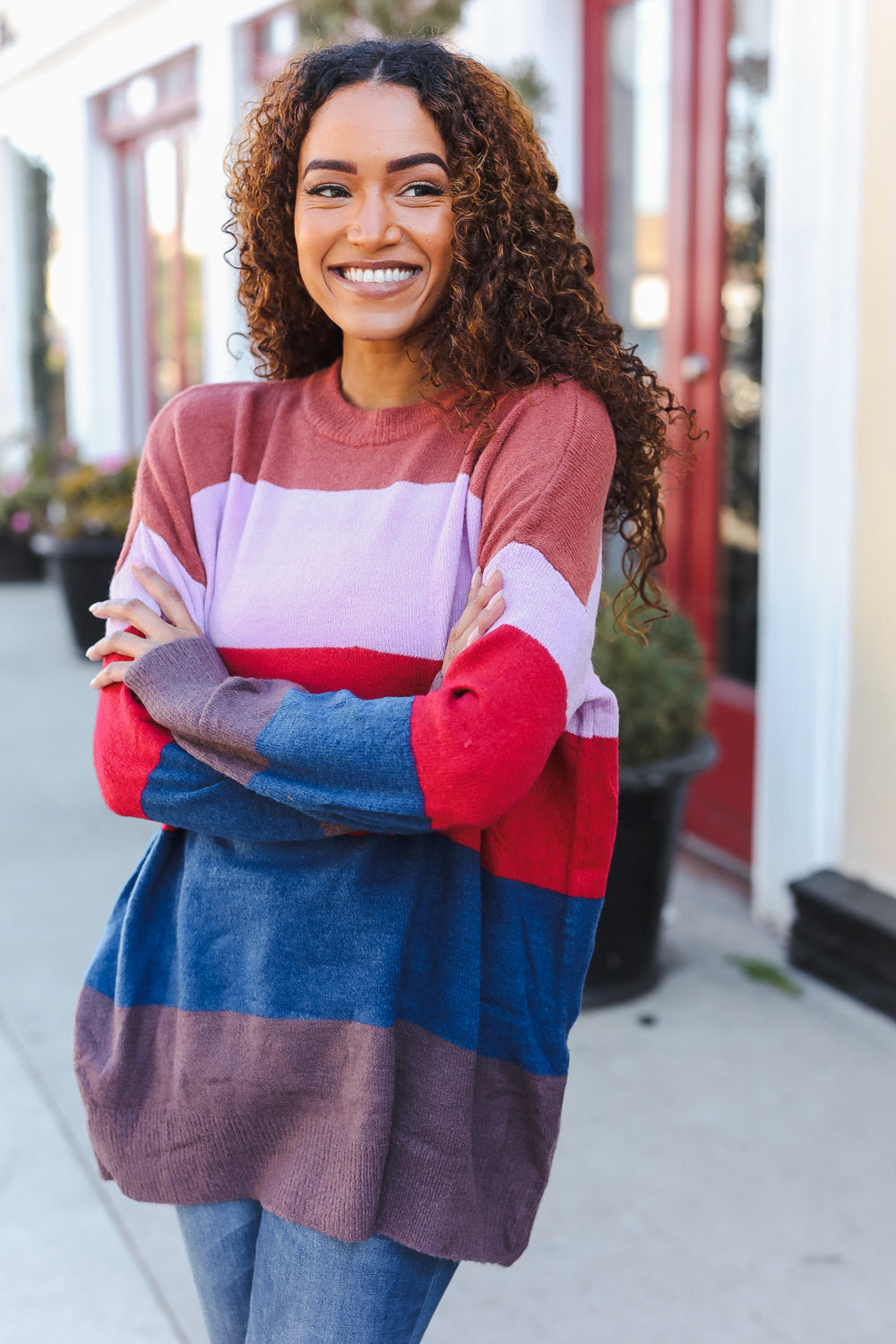 Lilac Multi Stripe Ribbed Knit Sweater Pullover for Women - Soft & Cozy Winter Fashion - Perfect for Casual Outfits, Office Wear & Date Nights