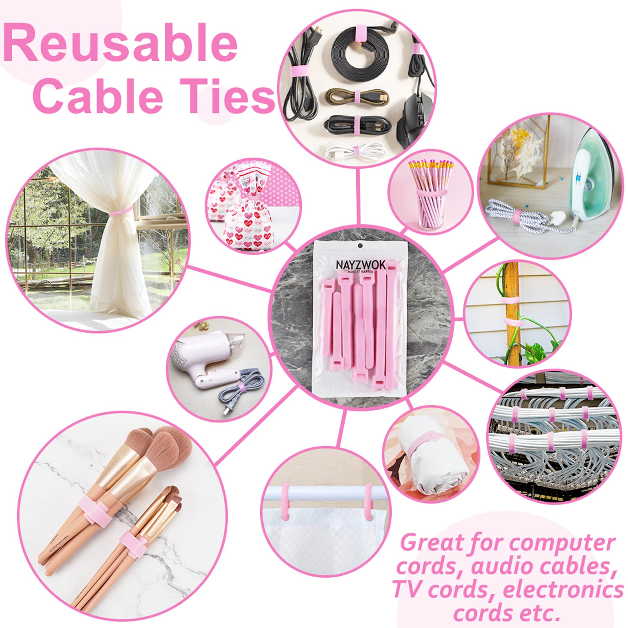 Reusable 70pcs Pink Cable Ties - 4/6/8 Inch Hook & Loop Wire Ties for Computer, Electronics Cord Management (Perfect for Home Office, Data Centers & DIY Organizing)