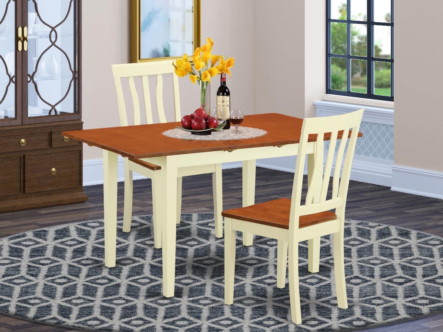 East West Furniture NOAN3-WHI-W 3-Piece Dining Set with Extendable Butterfly Leaf Table & 2 Chairs, 32x54 Inch, Buttermilk & Cherry - Perfect for Small Kitchens, Breakfast Nooks & Cozy Dining Spaces