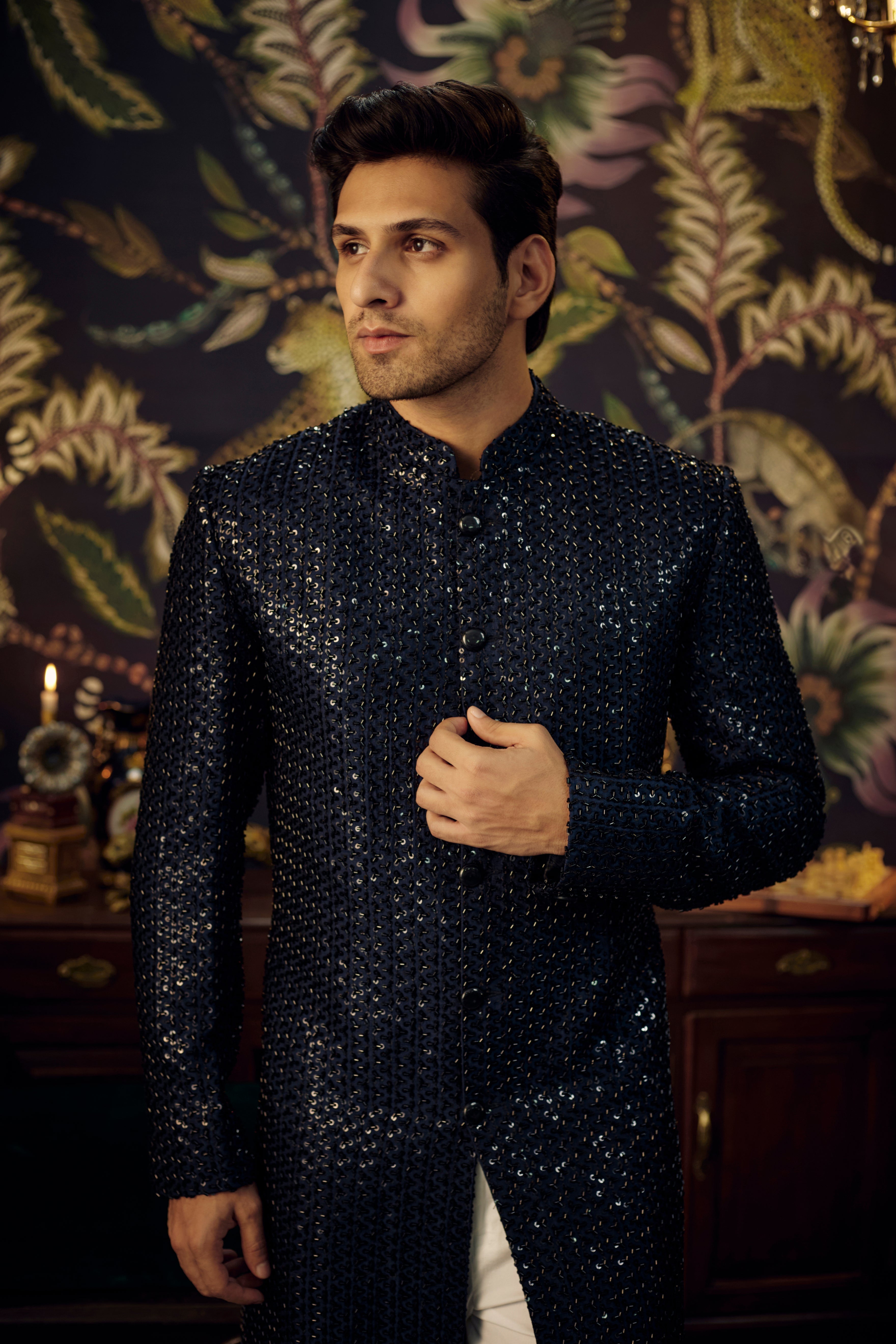 Navy Blue Long Indo Western Dress with Black Cut Dana - Elegant Ethnic Fusion Wear for Parties, Weddings & Festive Occasions