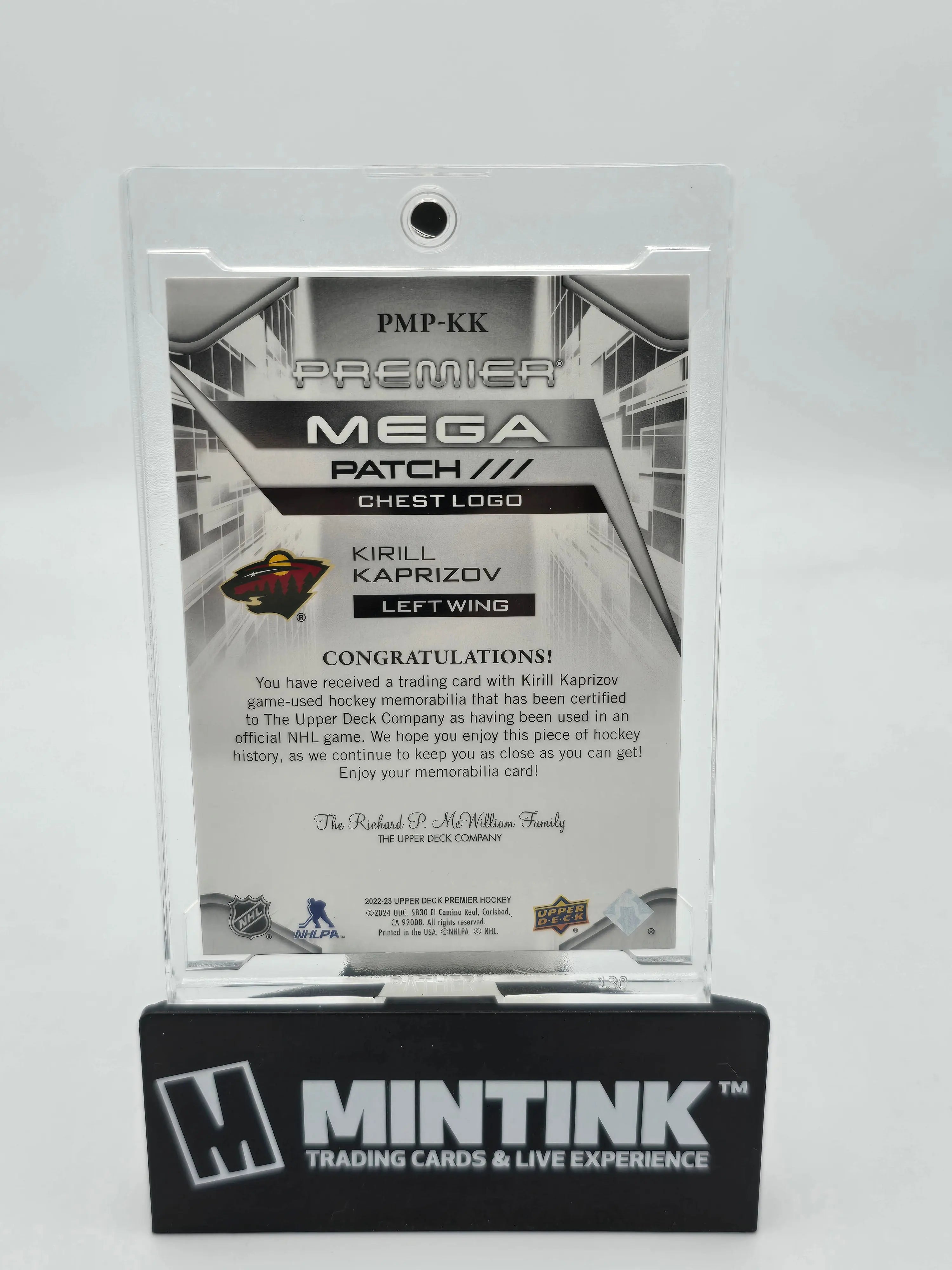 2022-23 Upper Deck Premier Hockey Kirill Kaprizov Mega Patch Chest Logo /20 - Rare NHL Collectible for Hockey Fans & Card Collectors - Perfect for Display, Trading, and Investment