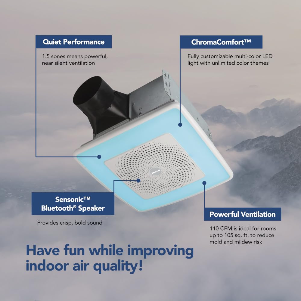 Broan-NuTone SPK110RGBL ChromaComfort Bathroom Exhaust Fan with Bluetooth Speaker & 24-Color LED Light - 110CFM, 1.5 Sones, White - Perfect for Modern Bathrooms, Home Gym Ventilation & Spa-Like Relaxation