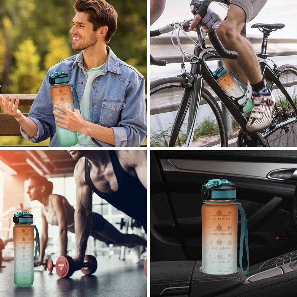32oz Motivational Water Bottle with Time Marker & Straw - BPA Free, Fast Flow, Non-Toxic - Ideal for Gym, Fitness & Outdoor Sports - Perfect for Hydration Tracking During Workouts, Hiking & Running (Green & Purple)