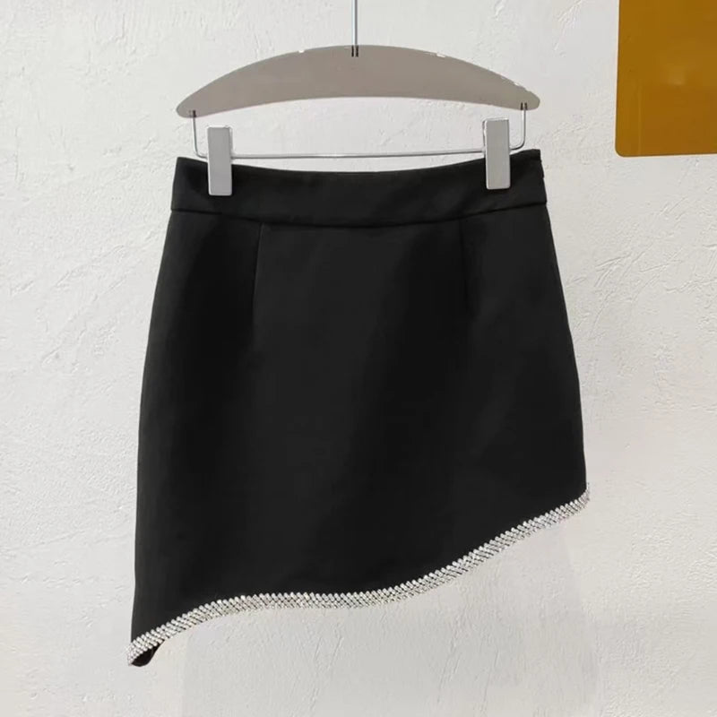 Women's Black Patchwork Diamond Skirt - High Waist Irregular Hem Elegant Summer Fashion Skirt | Perfect for Casual Outings, Date Nights & Office Wear