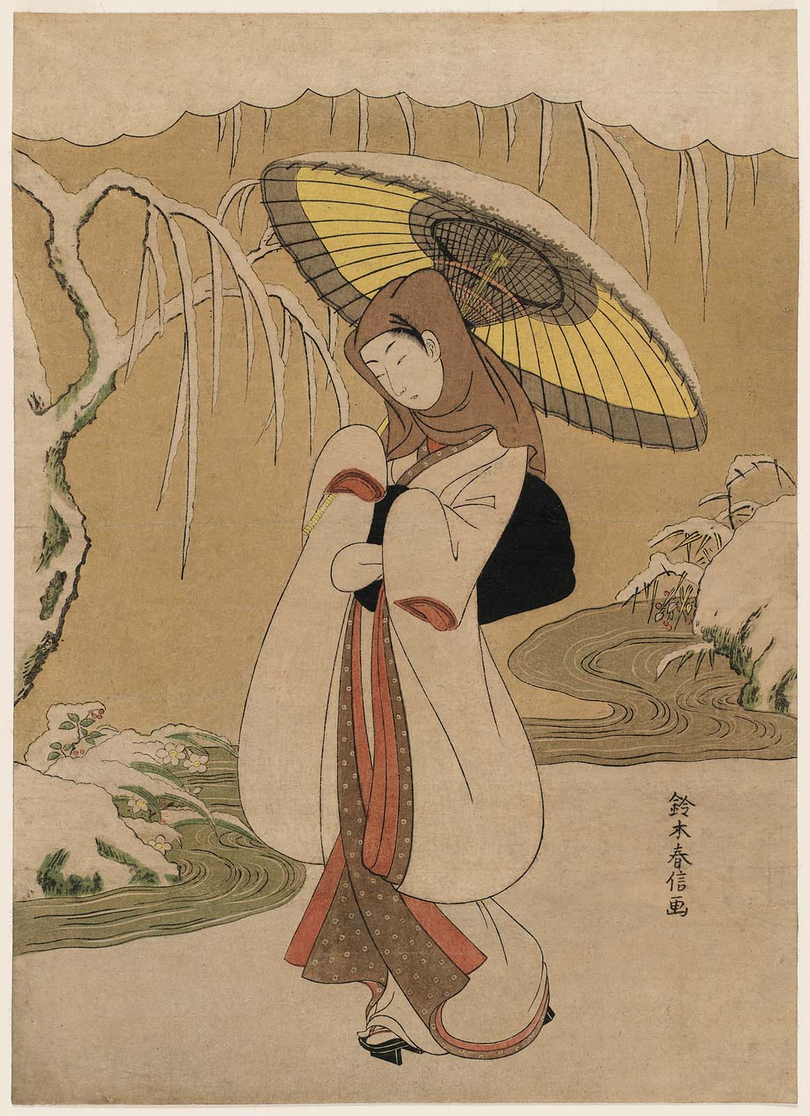 Suzuki Harunobu The Heron Maiden (Sagi Musume) Woodblock Print - Second State of Winter: Snowflowers (Fuyu, Mutsu no Hana) from Fashionable Flowers of the Four Seasons (Fūzoku Shiki no Hana) Series - Japanese Ukiyo-e Art for Home Decor & Art Collection