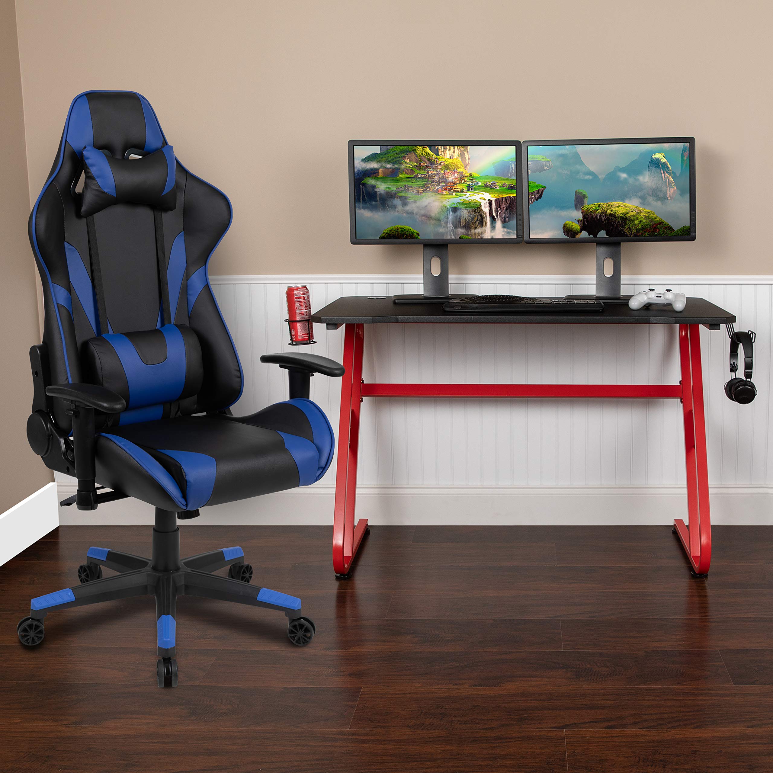 EMMA + OLIVER Gaming Bundle - Ergonomic Desk with Cup Holder, Headphone Hook & Blue Reclining Chair for Ultimate Gaming Setup | Perfect for PC Gamers & Streaming Enthusiasts