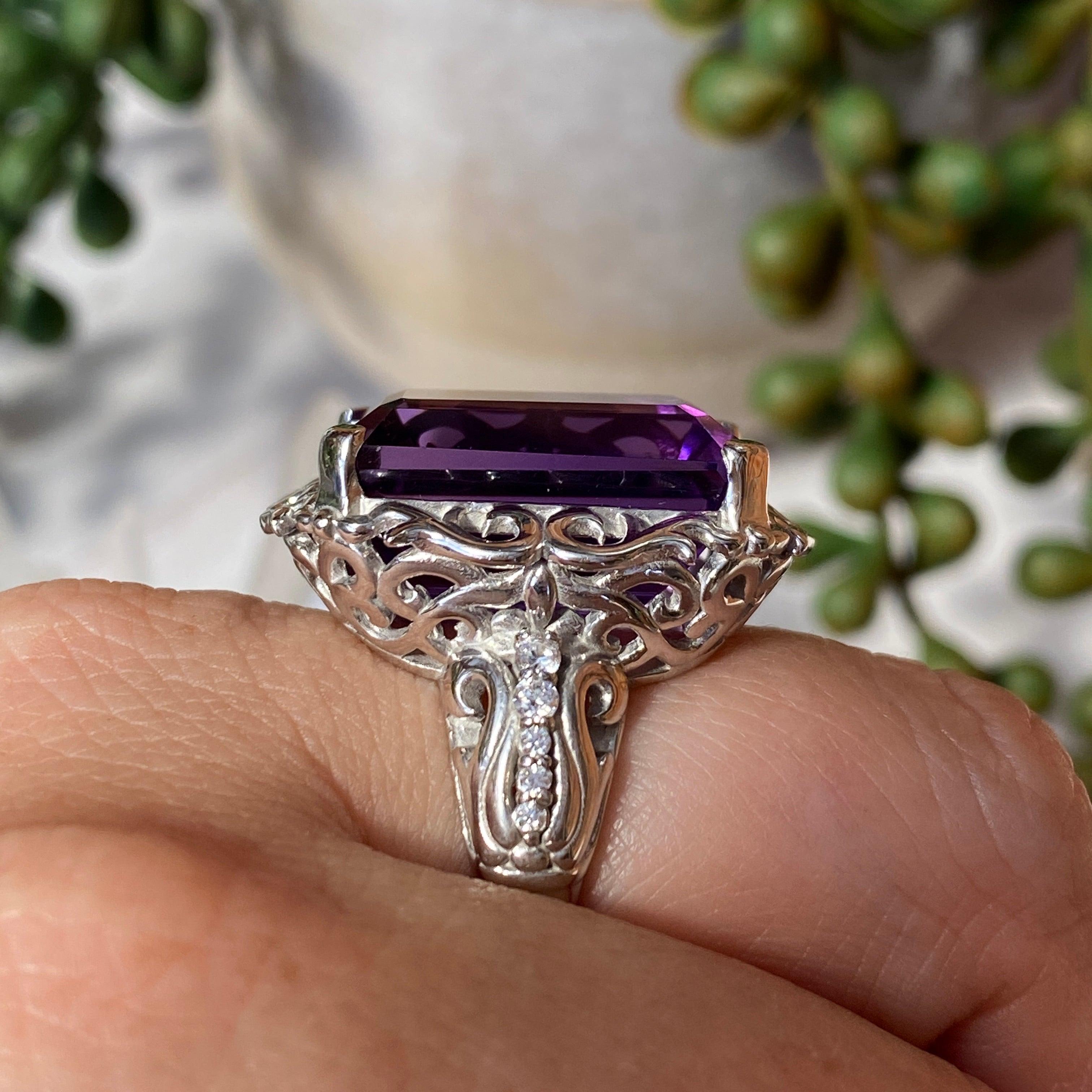 Amethyst Emerald Cut Ring with CZ Accents - Size 8 - HRGJ 35 - Elegant Jewelry for Women, Perfect for Weddings, Anniversaries & Special Occasions