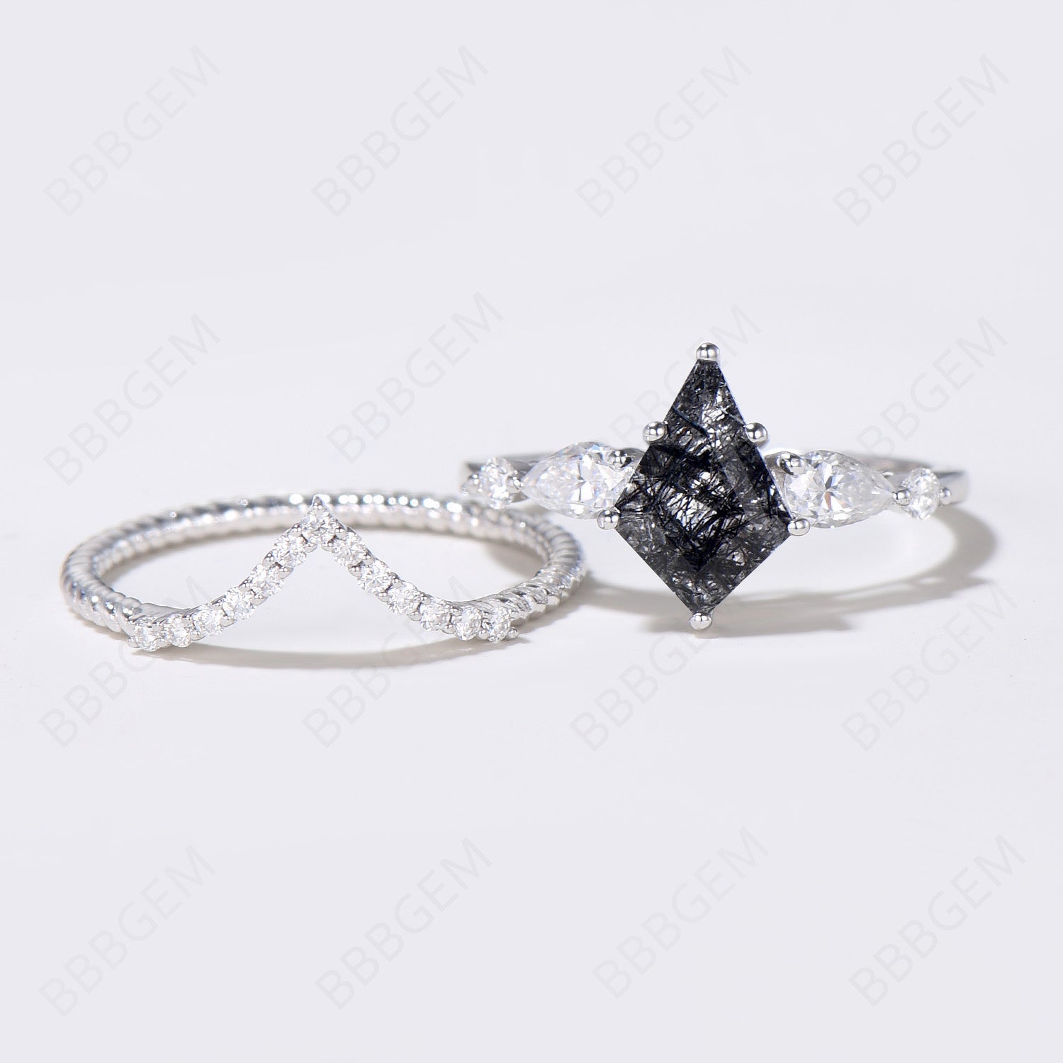 7x10mm Silver Kite Black Rutilated Quartz Moissanite Bridal Ring Set – Elegant Wedding Jewelry for Engagement & Anniversary Gifts