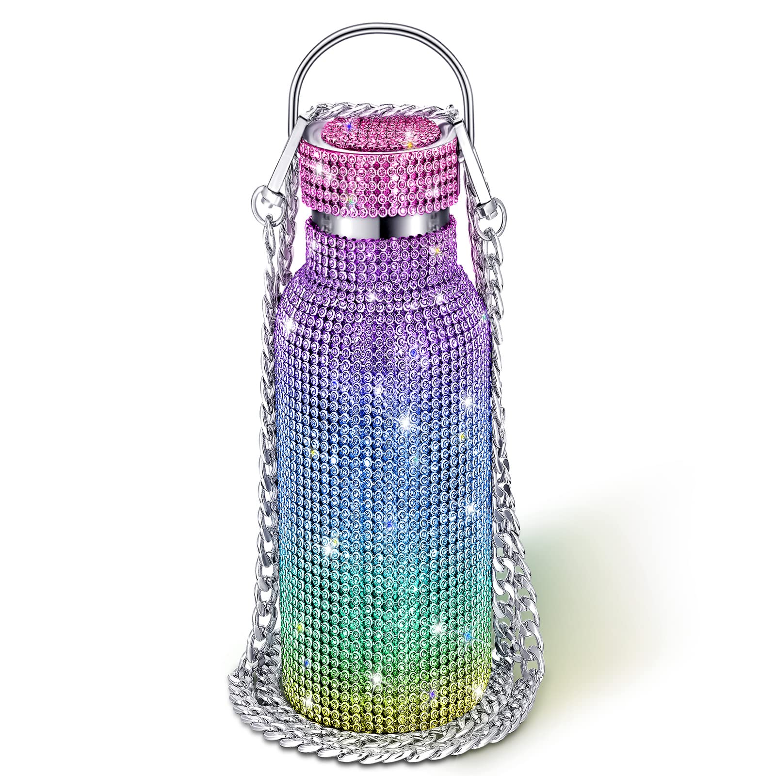 Sparkling Diamond Rhinestone Stainless Steel Insulated Water Bottle - 750ml Thermal Flask with Glitter Design & Detachable Chain - Perfect Gift for Women & Girls - Ideal for Gym, Office, Travel & Outdoor Activities (Multicolor)