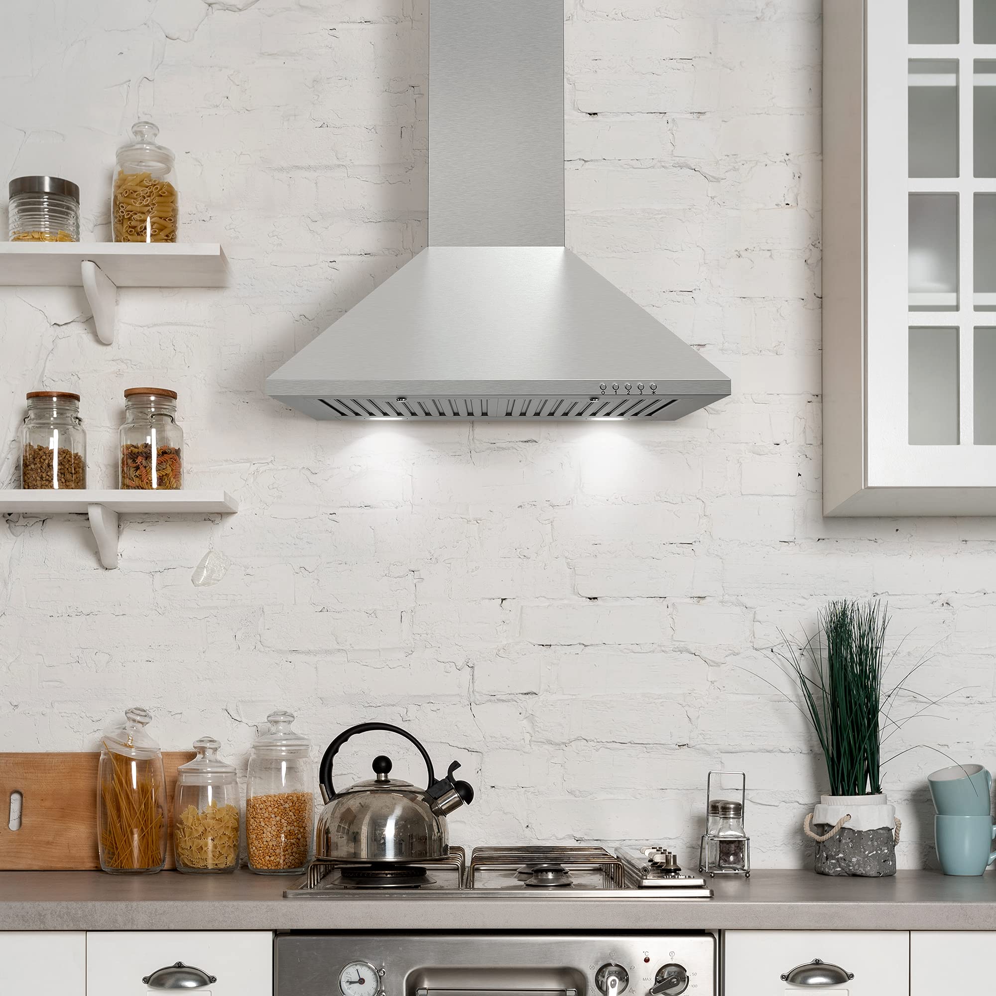 COSMO COS-6324EWH 24 Inch Stainless Steel Wall Mount Range Hood - 220 CFM Ducted Ventilation, LED Lighting & Button Controls | Perfect for Modern Kitchens, Cooking Ventilation & Smoke Removal