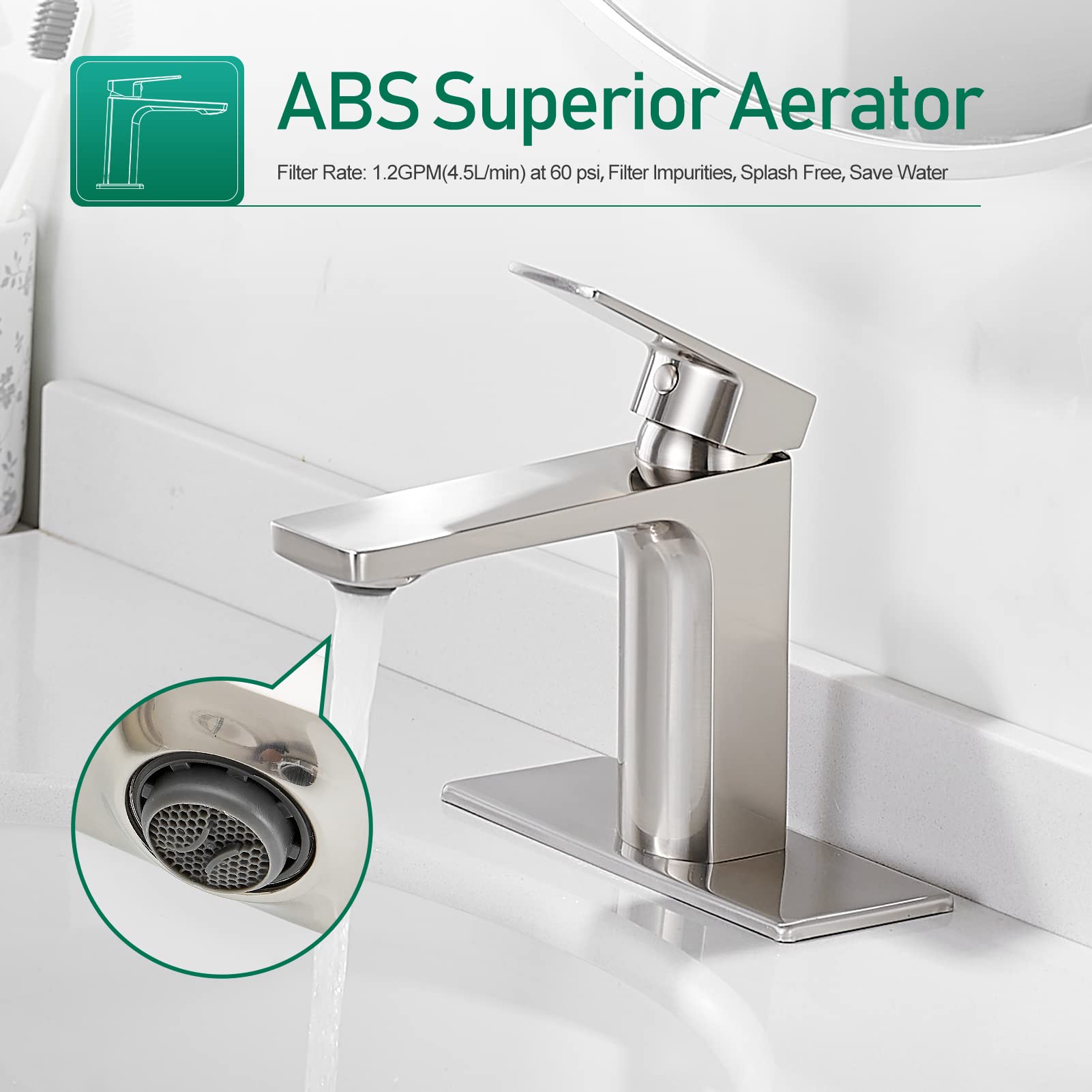 VOTON Brushed Nickel Single Handle Bathroom Faucet - 1 or 3 Hole Bathroom Sink Faucet with Deck Plate, 1.2 GPM Low Flow - Perfect for Home, RV & Small Space Bathrooms