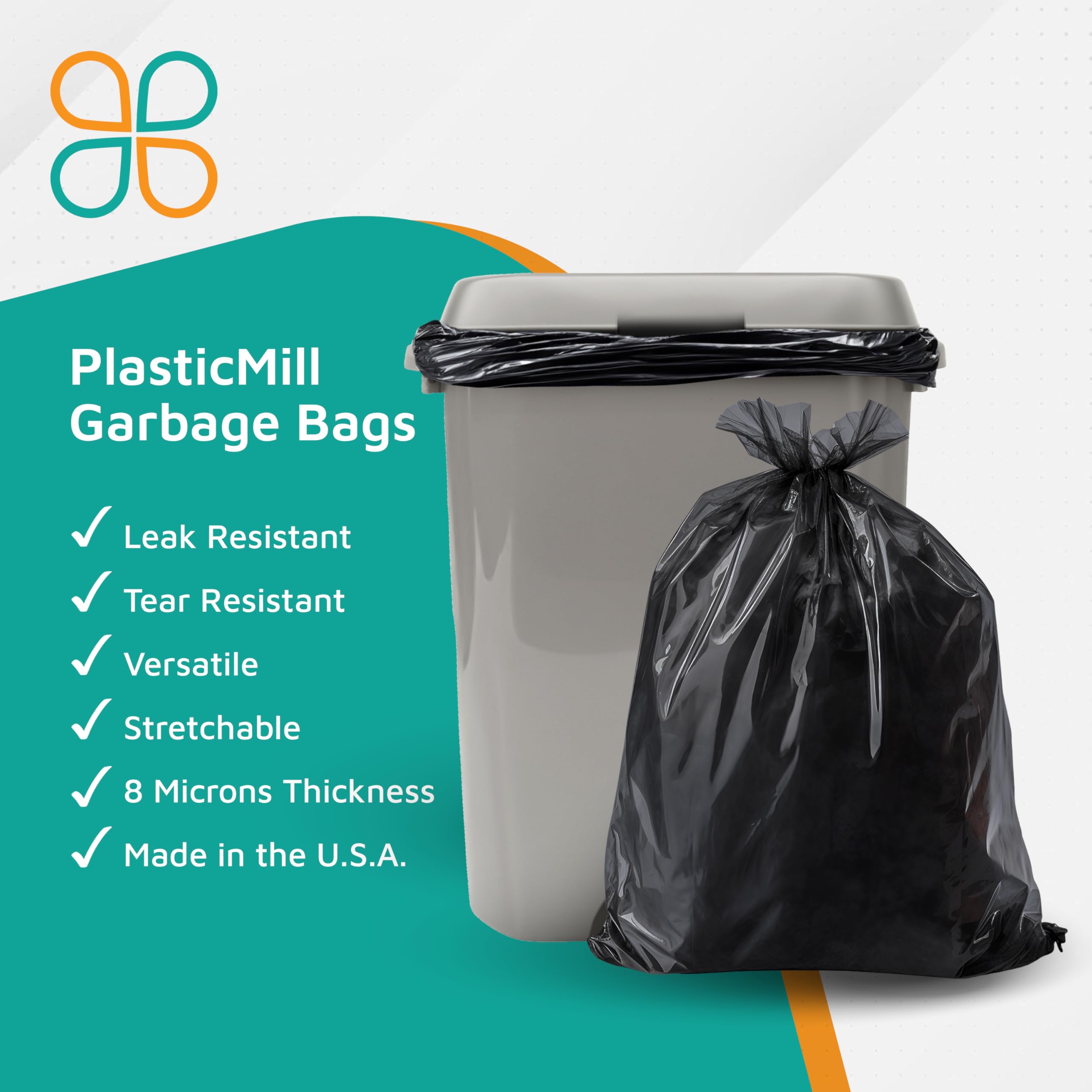 PlasticMill Heavy Duty Trash Bags - 1000 Count Black Garbage Bags, 8 Microns Thick, 24