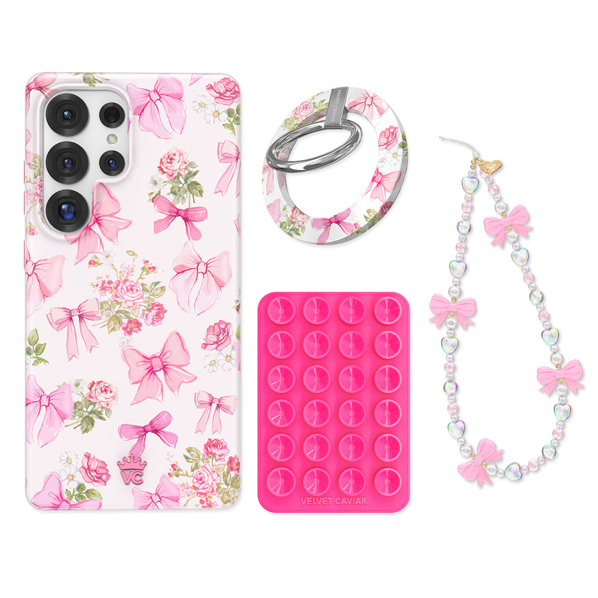 Posie Pink Bow Samsung Phone Grip Bundle Set - Stylish and Secure Phone Holder for Samsung Galaxy, Perfect for Daily Use, Travel, and Selfies
