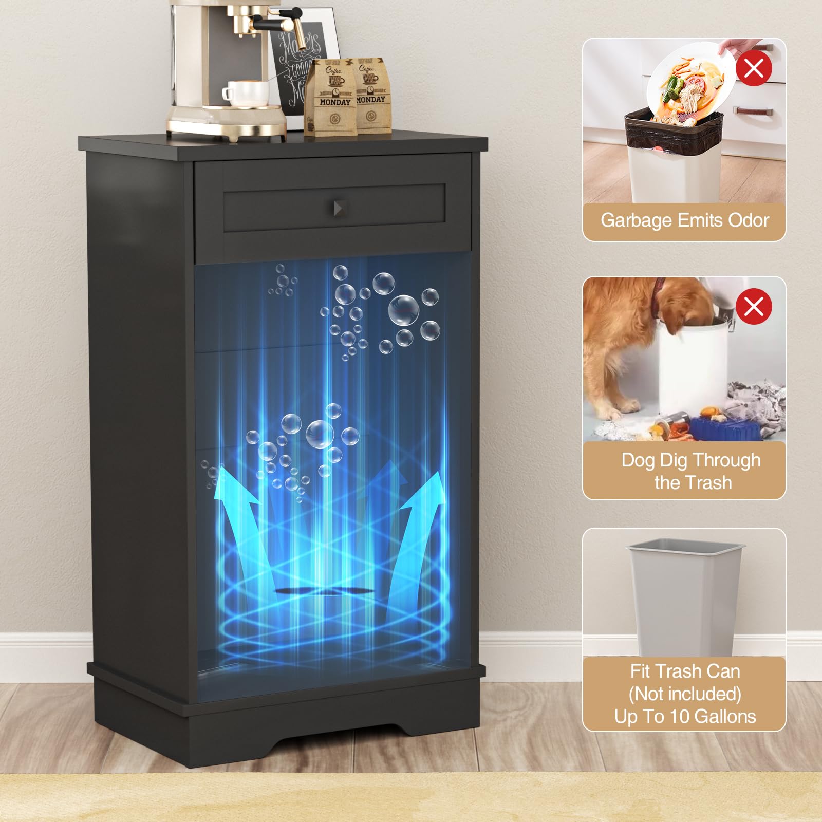 Farmhouse Tilt Out Trash Cabinet with Negative Ion Technology - 10 Gallon Dog Proof Garbage Can Storage for Kitchen, Bathroom & Living Room - Black - Perfect for Small Spaces and Pet-Friendly Homes