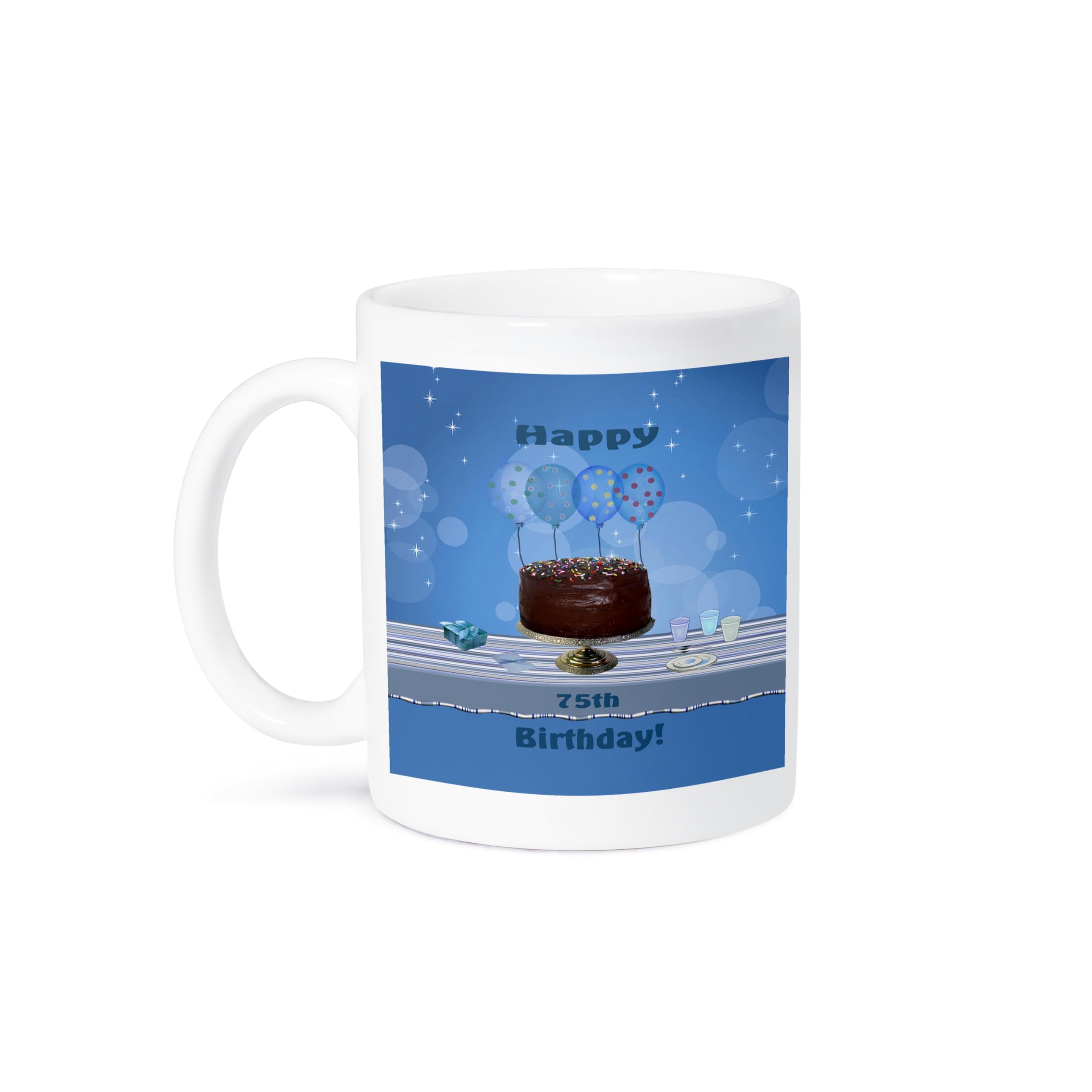 3dRose 75th Birthday Party Mug with Chocolate Cake & Blue Balloons Design - Ceramic Coffee Cup for Anniversary Celebrations, Gift Ideas & Office Use (mug_123961_1)