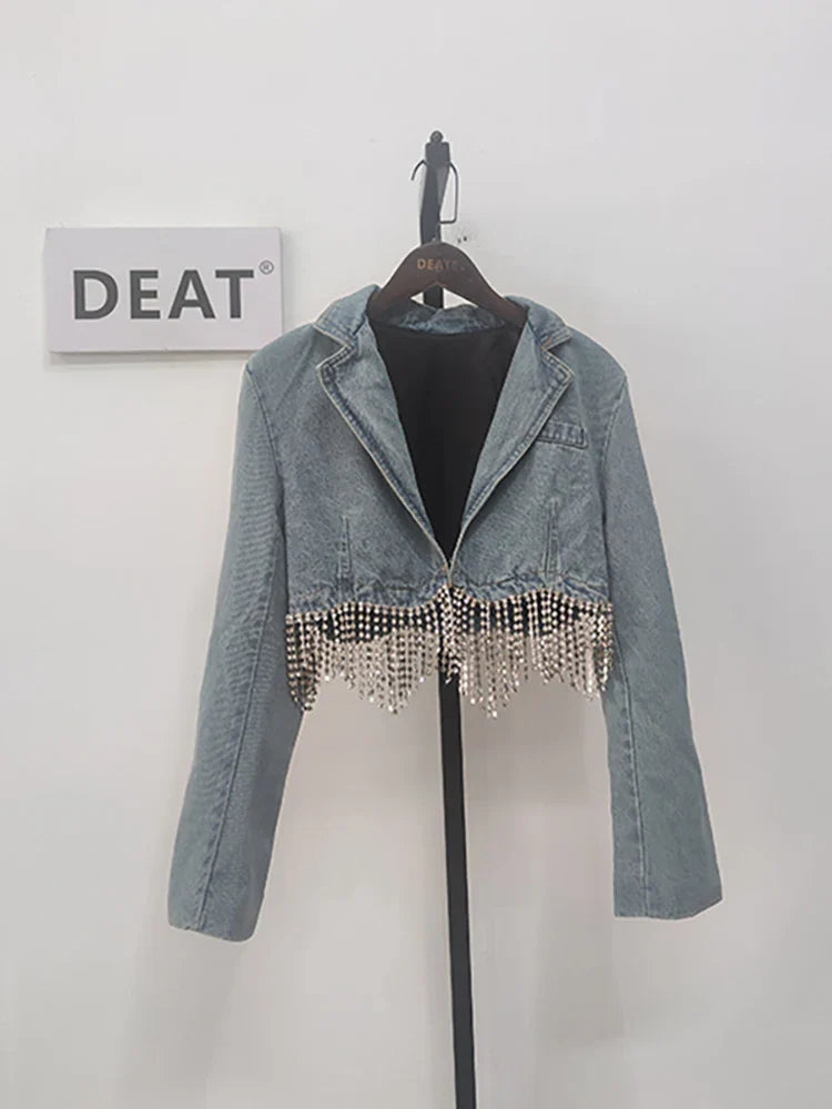 Women's Notched Collar Denim Jacket with Diamond Tassel & High Waist Butterfly Cutout Design - Trendy Summer Short Coat for Casual Outfits, Date Nights & Streetwear Fashion