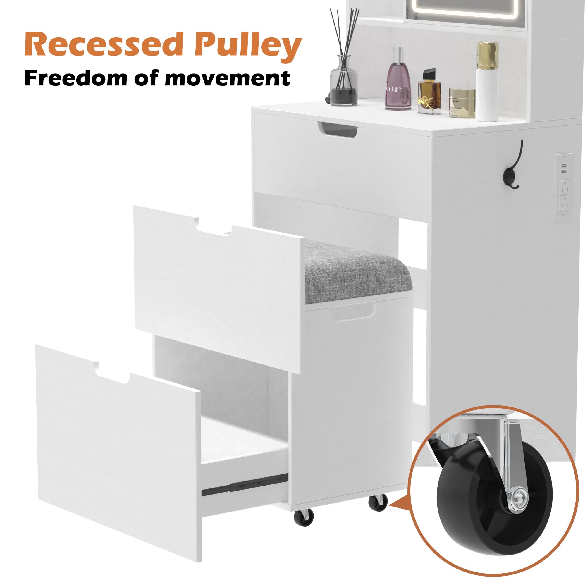 Compact White Makeup Vanity Set with 3 Adjustable LED Mirrors, Storage Chair & Power Outlets - Space-Saving Dressing Table for Small Bedrooms, Apartments & Dorm Rooms - Perfect for Daily Beauty Routine & Makeup Organization