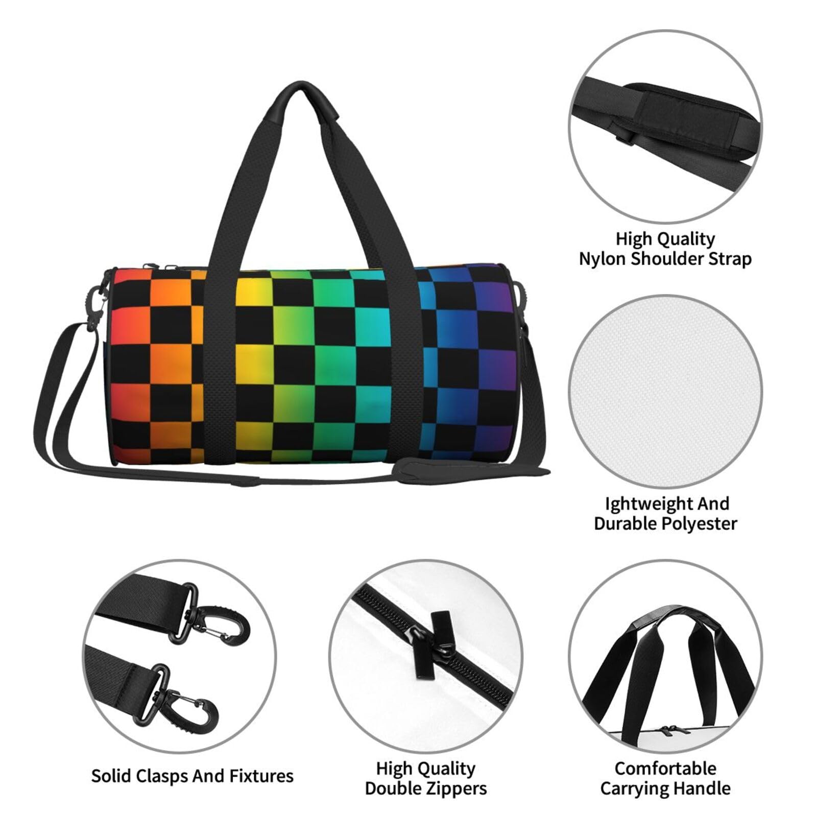Rainbow Checkered Gym Bag - Lightweight Foldable Duffle Bag with Shoes Compartment for Men & Women | Perfect for Yoga, Sports, Travel & Workout