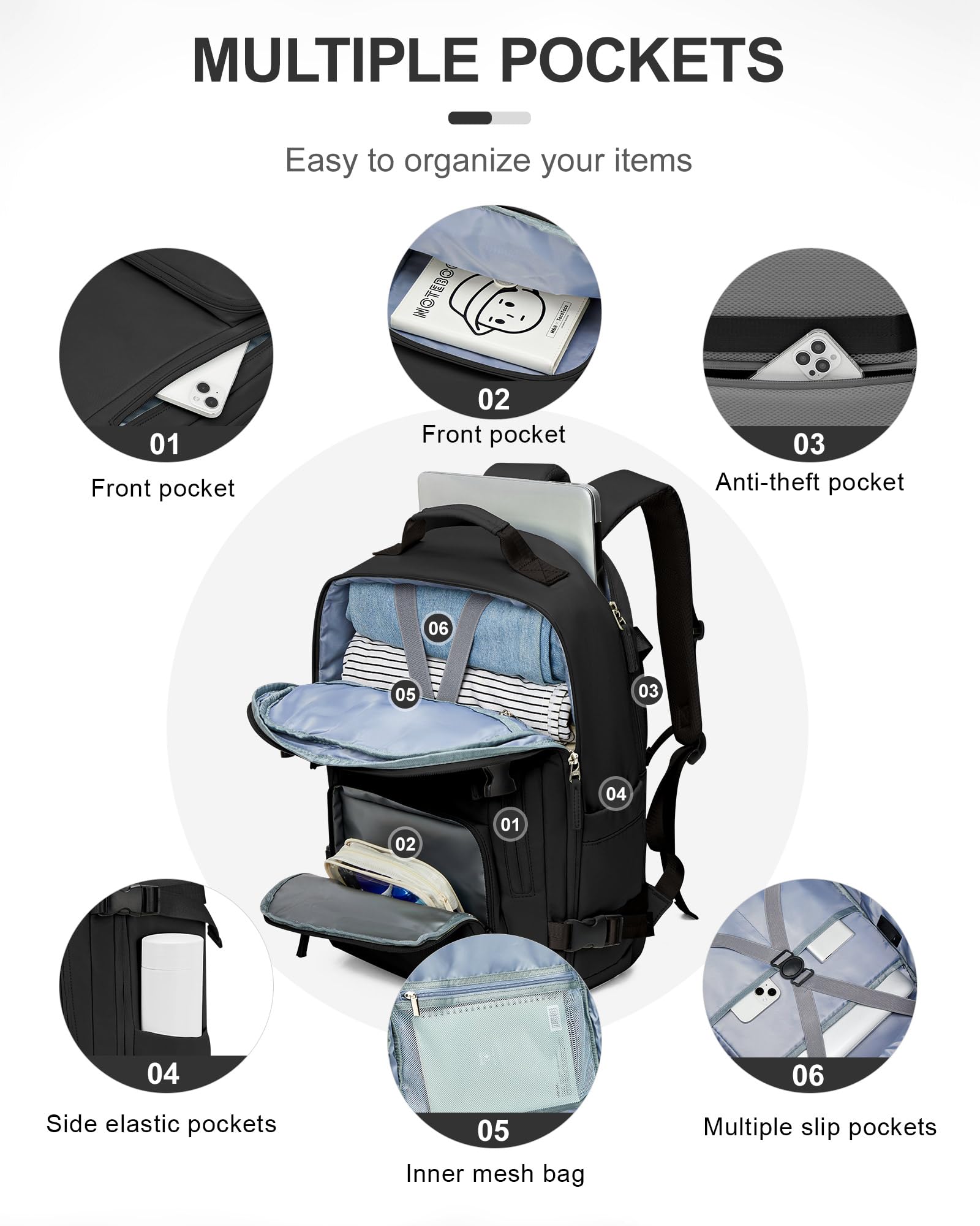 BJLFS Travel Backpack for Women & Men - TSA Approved 15.6 Inch Carry On Backpack with USB Charging Port & Shoe Compartment - Water Resistant Laptop Backpack for College, Nursing, Business Travel, Hiking & Weekend Getaways (Black) - Perfect for Airplane, Commuting & Outdoor Adventures