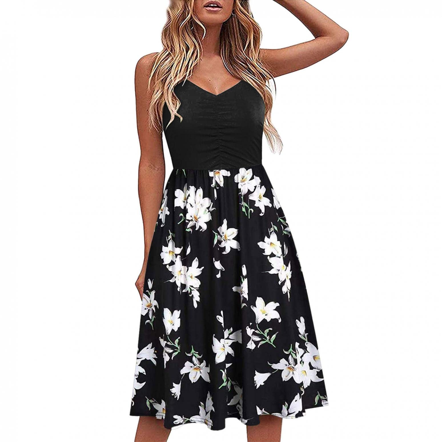 Women's Floral Print Sleeveless A-Line Sundress - Casual Spaghetti Strap Summer Beach Dress for Outdoor Parties & Vacations