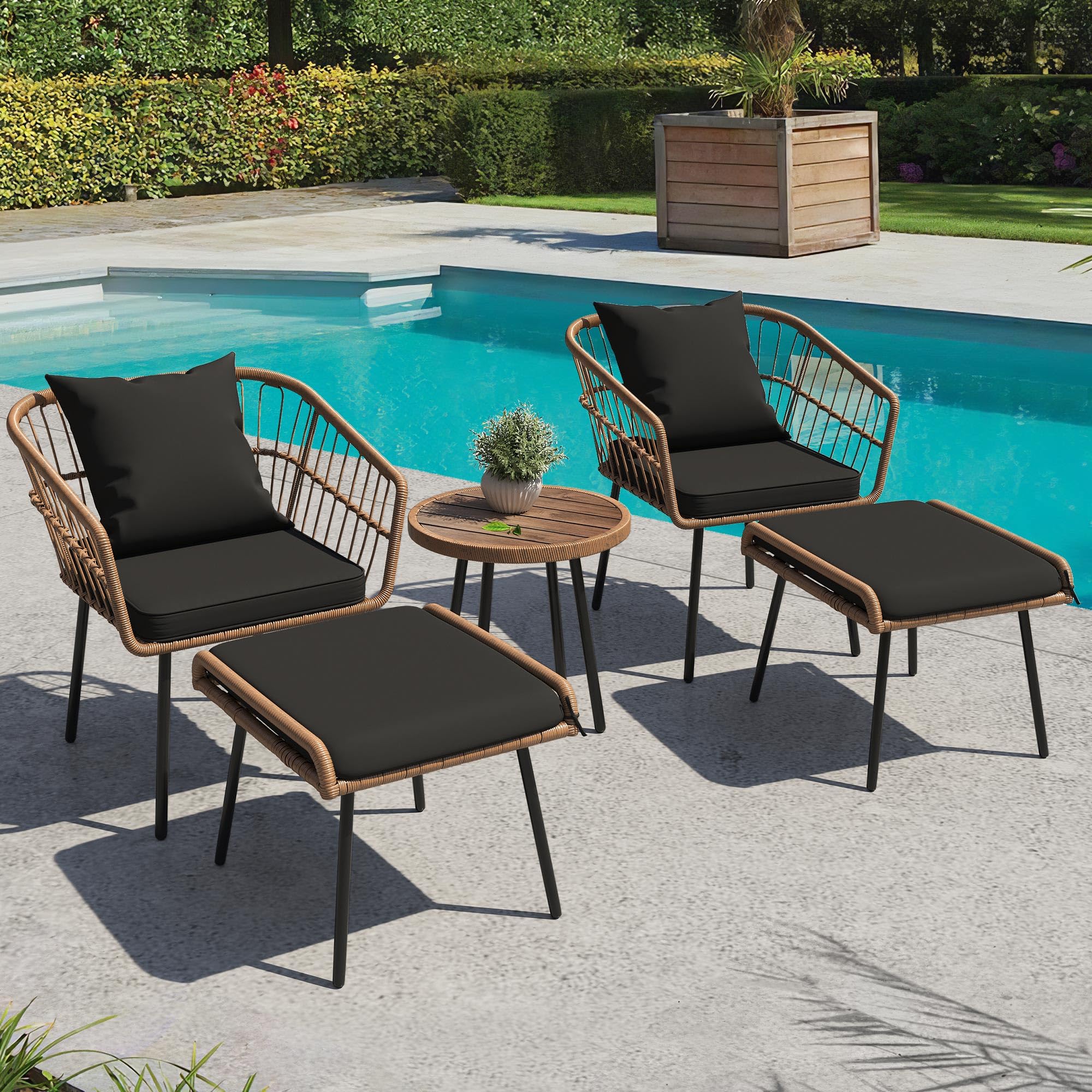 YITAHOME 5-Piece All-Weather Outdoor Wicker Furniture Set - Patio Bistro Set with Footrest, Coffee Table & Ottomans, Black - Perfect for Small Balcony, Garden or Backyard Relaxation