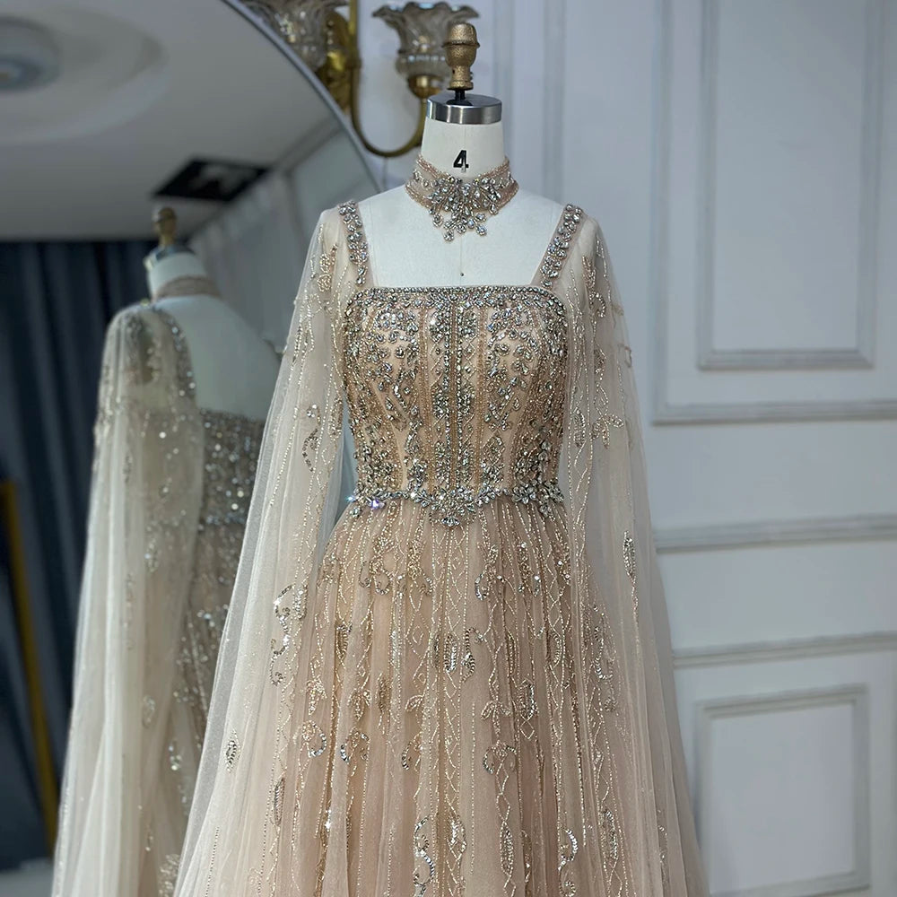 Luxury Dubai Arabic Nude A-Line Cape Sleeve Crystal Beaded Evening Gown for Women - Saudi Formal Dress LA72764 | Wedding, Prom, Gala & Special Occasions