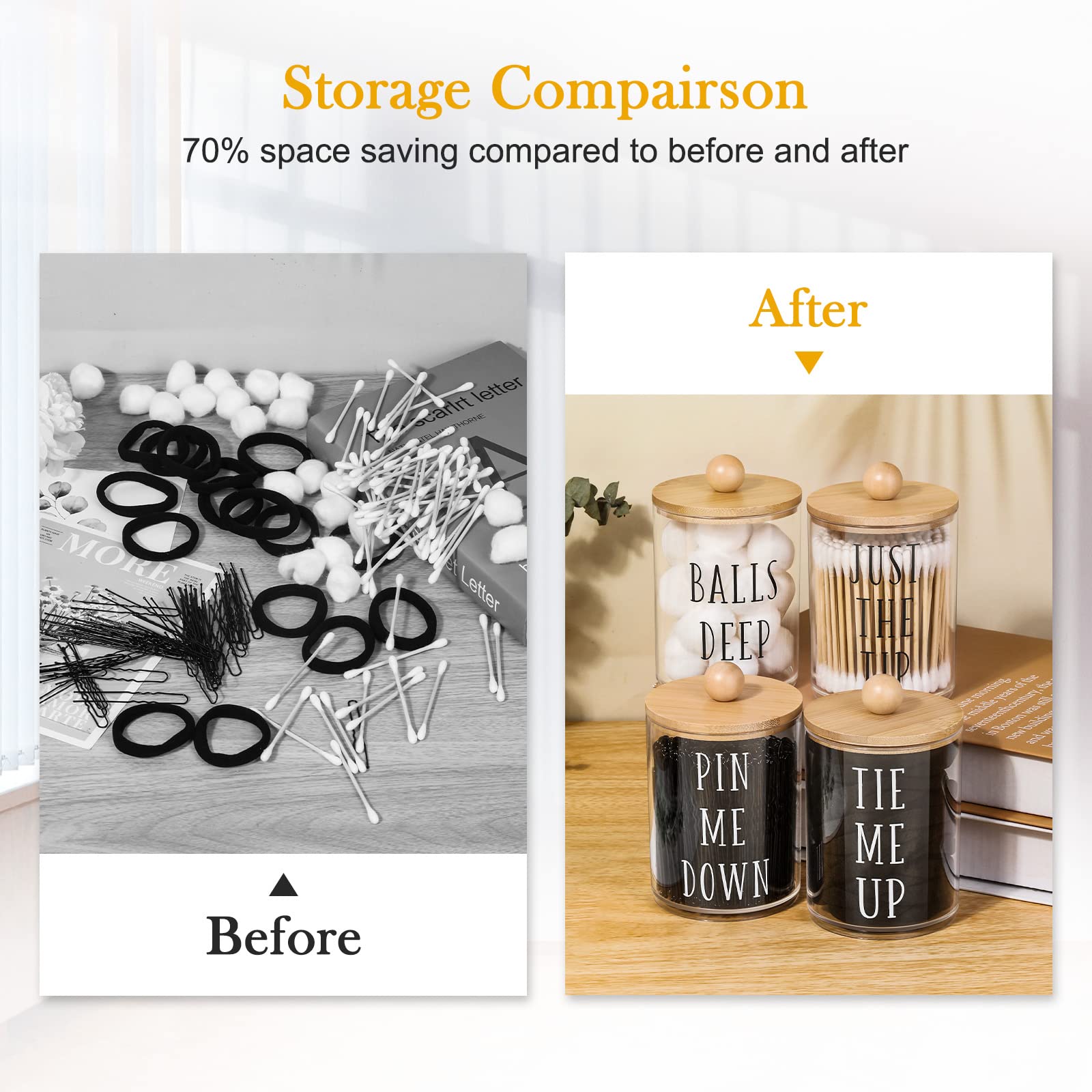 4 Pack 10 oz Clear Apothecary Jars with Lids - Cotton Ball Holder, Q-tip Organizer, Bathroom Storage Containers for Cotton Swabs, Rounds & Dental Floss - Perfect for Vanity, Spa & Bathroom Decor Organization