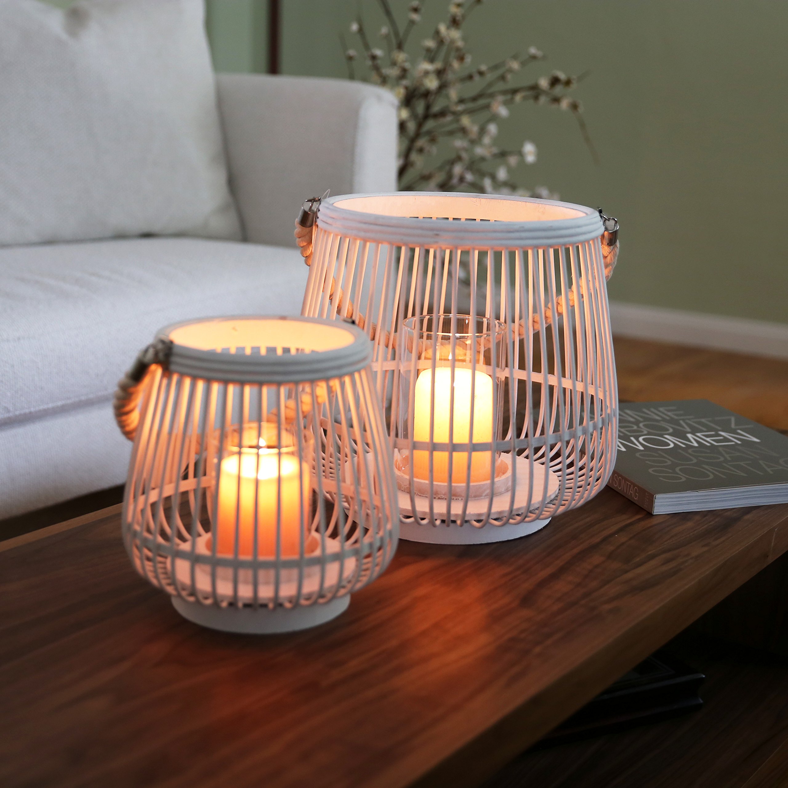 41074 Set of 2 White Bamboo Round Lanterns with Rope Hangers - Hand-Painted Finish for Indoor/Outdoor Decor, Patio, Garden, Wedding & Party Lighting