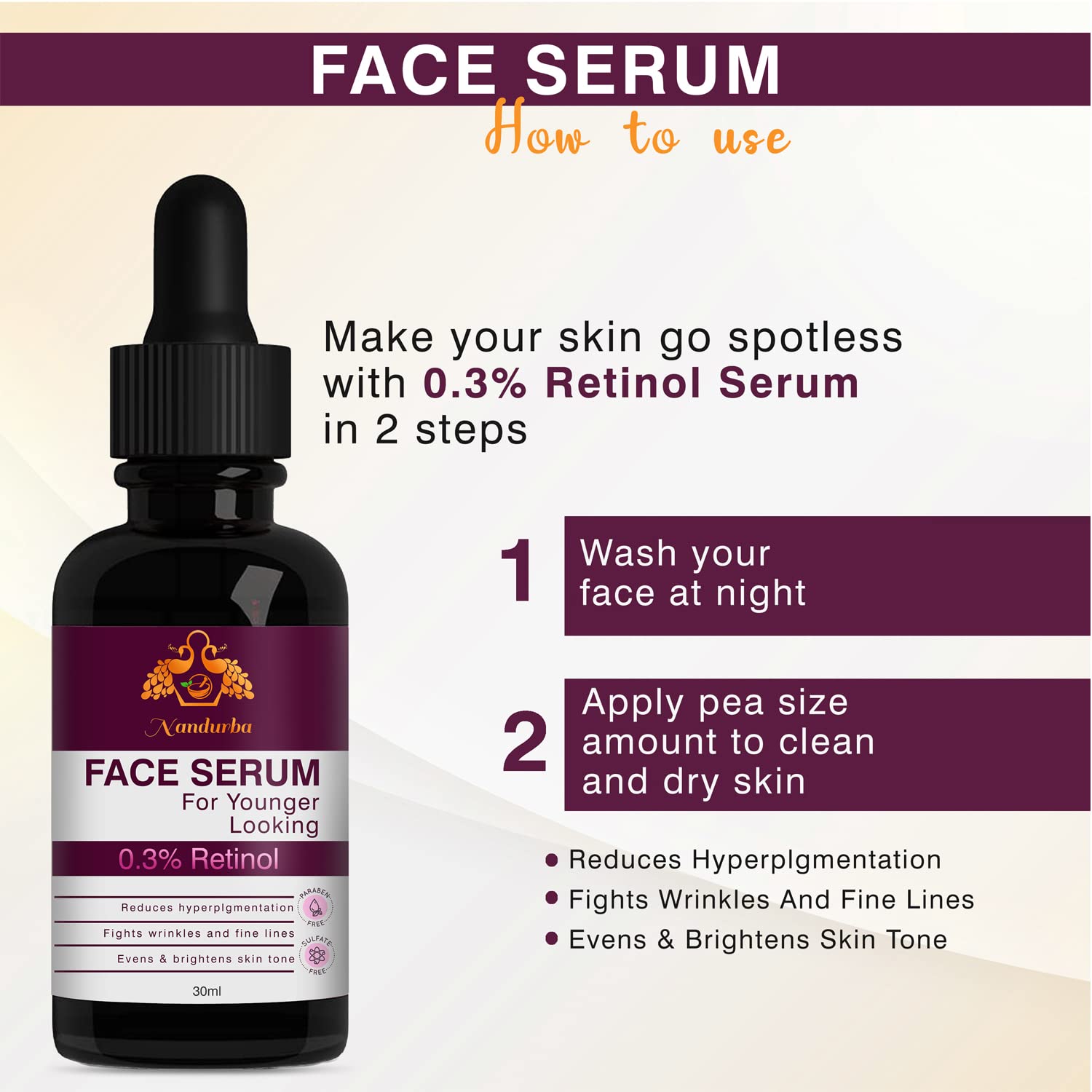Nandurba 0.3% Retinol Face Serum - Reduces Hyperpigmentation, Wrinkles & Fine Lines for Youthful Skin | Anti-Aging Treatment for Men & Women | 30ML | Perfect for Nighttime Skincare Routine & Daily Anti-Wrinkle Care