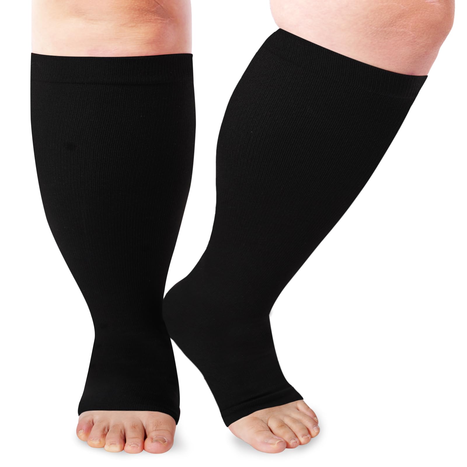 Open Toe Plus Size Compression Socks 15-20 mmHg for Women & Men - Wide Calf Toeless Knee High Support Socks for Varicose Veins, Edema & Travel Comfort