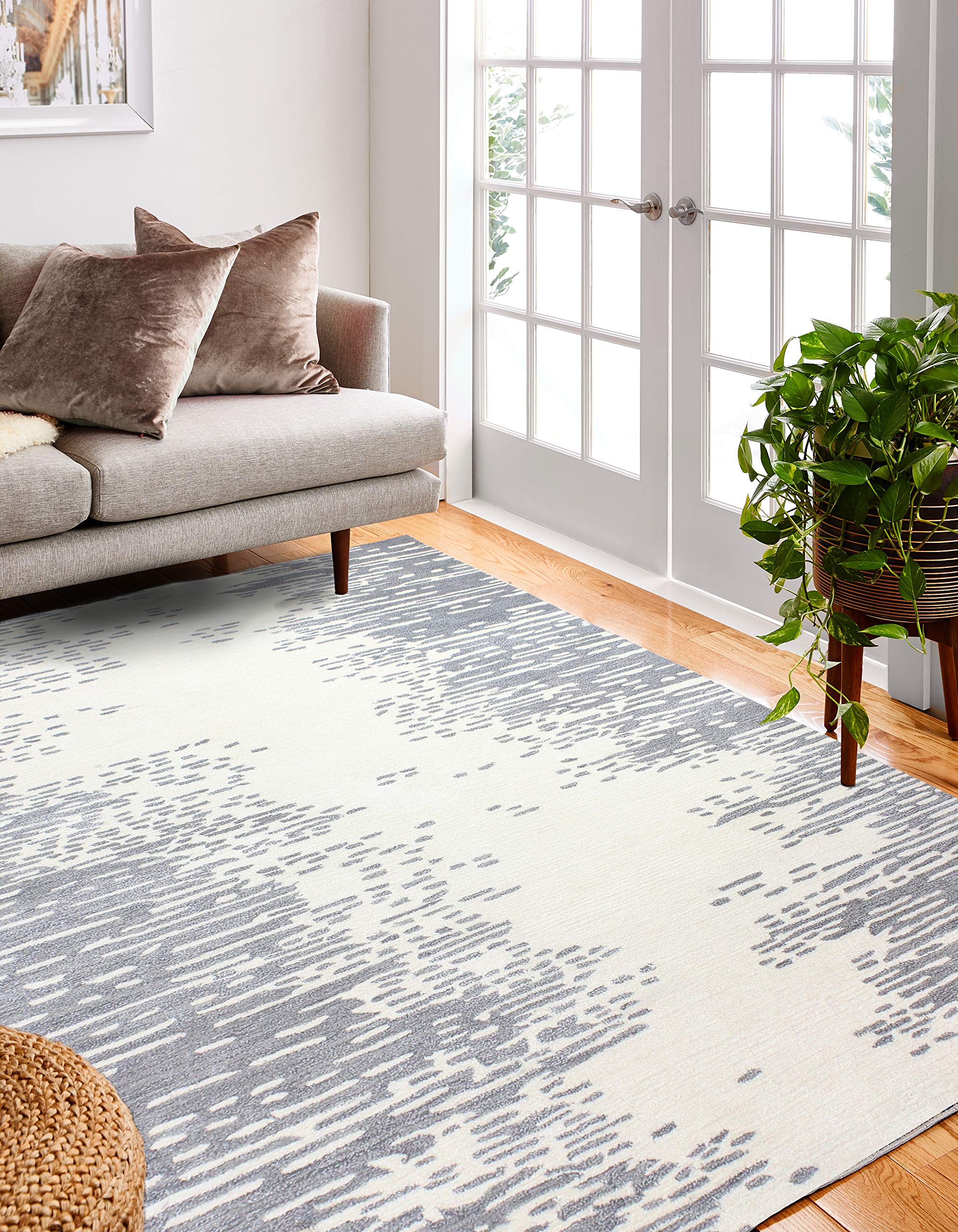 Bashian Greenwich Hand Tufted Abstract Wool and Viscose Ivory/Grey Area Rug - Soft Modern Floor Covering for Living Room, Bedroom & Office Decor
