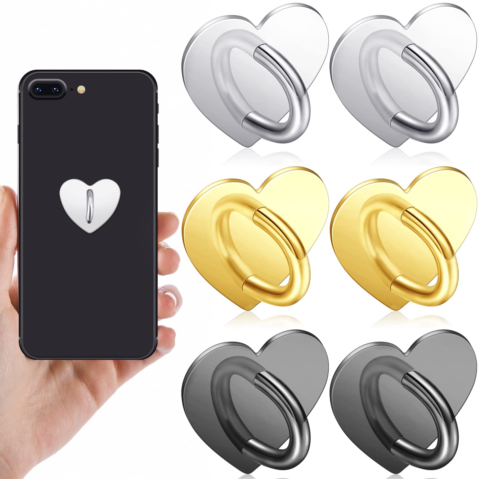 6-Pack Heart Shaped Phone Ring Holder - Universal Adhesive Metal Finger Grip Stand for iPhone, Samsung & Smartphones (Sticky Phone Charm Accessories) - Perfect for Hands-Free Viewing, Selfies & Secure Grip