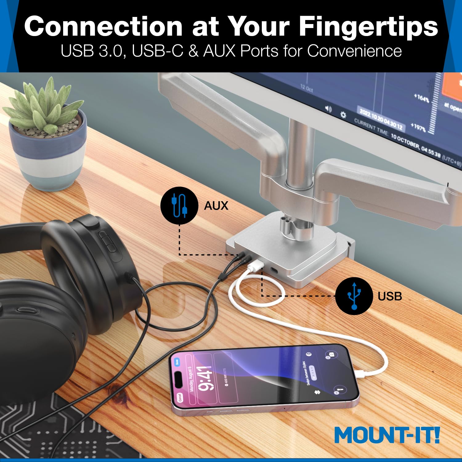 Mount-It! Triple Monitor Stand with USB & Audio Ports - Adjustable 3 Monitor Desk Mount for 24