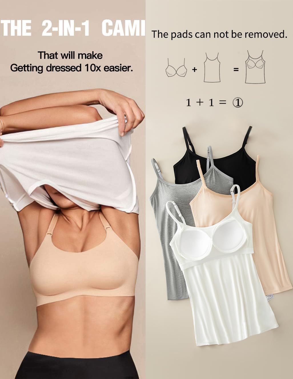 Women's Adjustable Strap Camisole with Built-in Padded Bra - Sleeveless Layering Tank Top (1/2/3 Pack) | Perfect for Summer Outfits, Yoga & Casual Wear