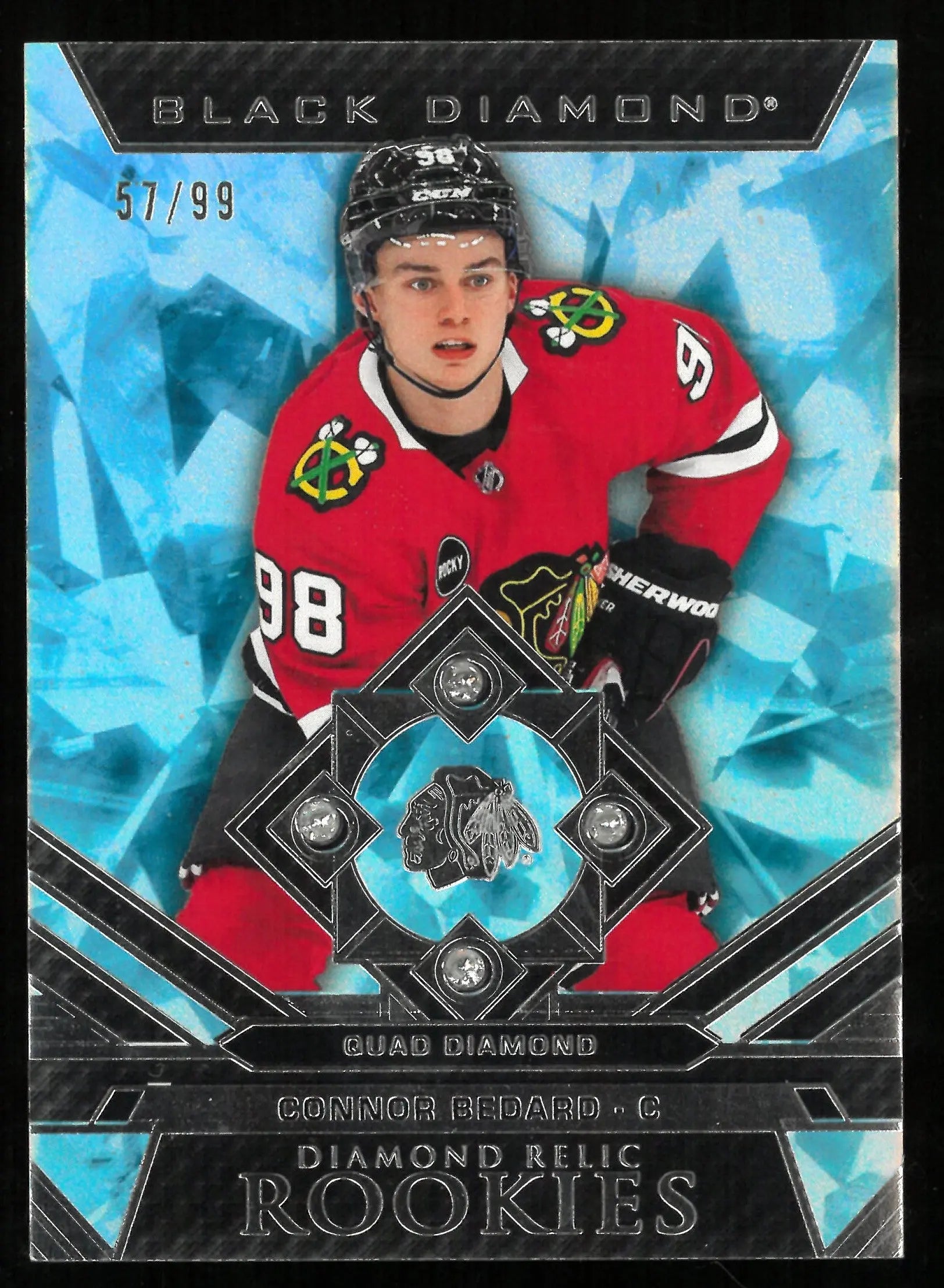 2023-24 Upper Deck Black Diamond Hockey Connor Bedard Rookie Quad Diamond Relic Card #/99 - Collectible Sports Memorabilia for Fans & Investors