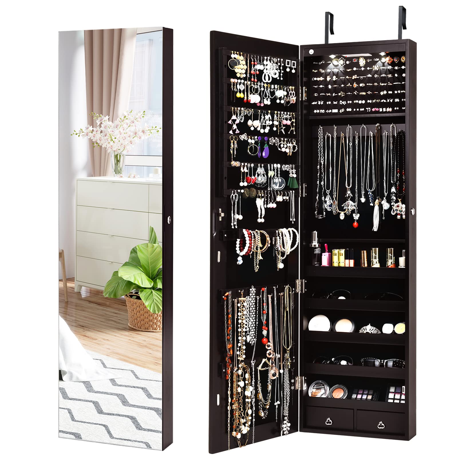 COSTWAY Hanging Jewelry Organizer with Full-Length Mirror & LED Lights - Wall Mount Jewelry Cabinet with Lock, Large Storage for Necklaces, Rings, Earrings - Perfect for Bedroom, Closet & Dressing Room (Brown)