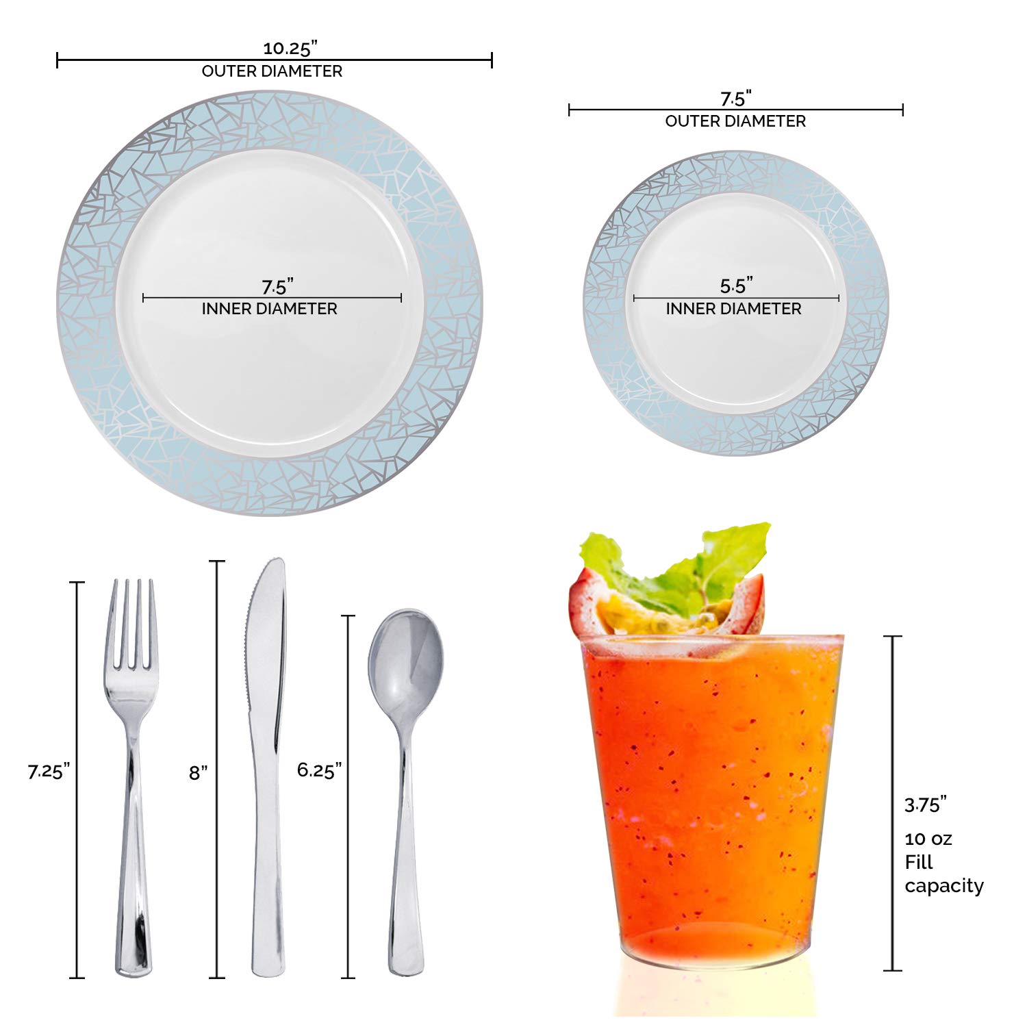 Elegant Disposable Plastic Dinnerware Set for 120 Guests - White with Blue & Silver Mosaic Design, Includes Dinner Plates, Salad Plates, Cutlery & Cups | Perfect for Weddings, Birthday Parties, Catering Events & Special Occasions