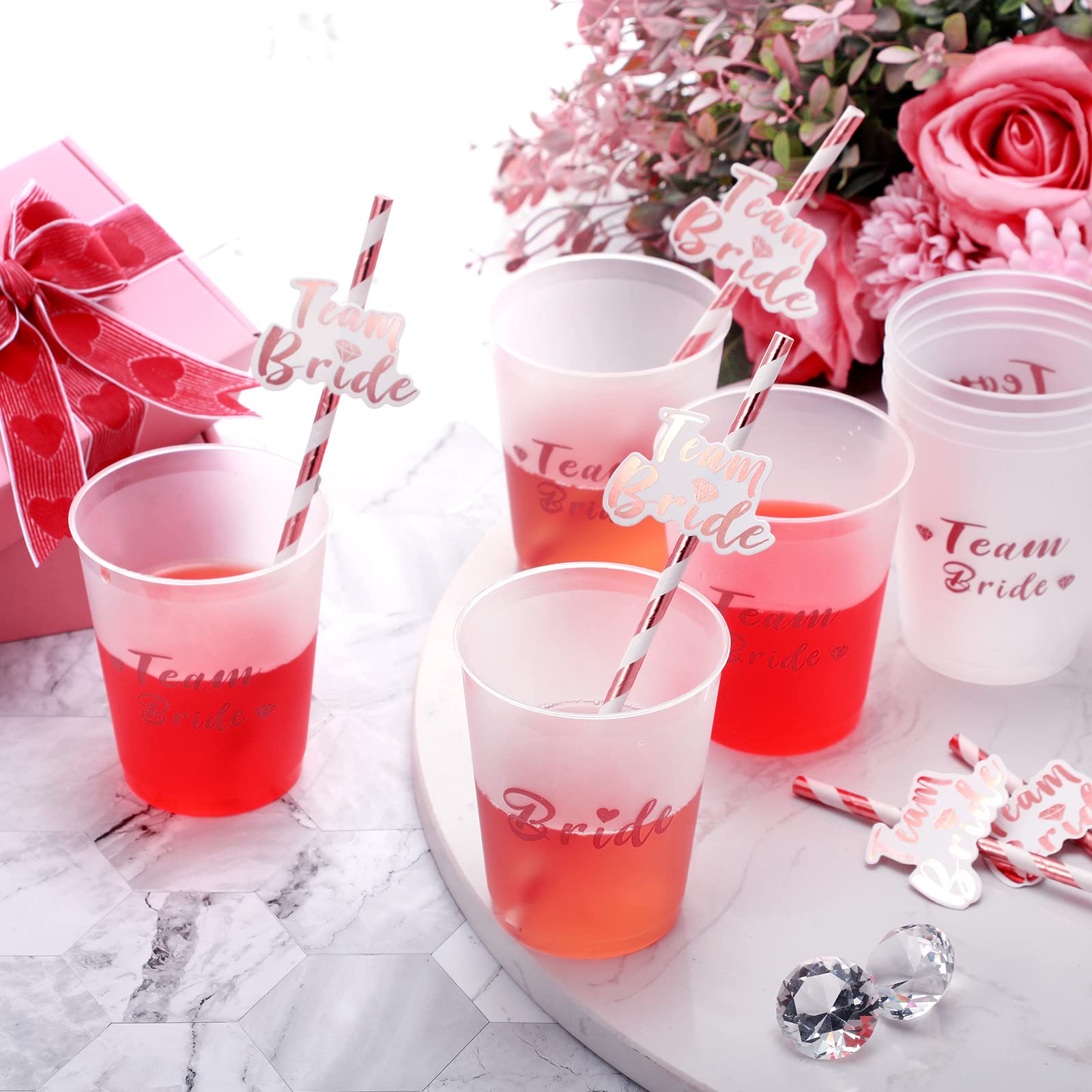 Bachelorette Party Cups - 12oz White Bridal Shower Cups with Gold Foil & Team Bride Straws - Wedding Favors for Bride Squad, Bachelorette Party Decorations & Celebrations