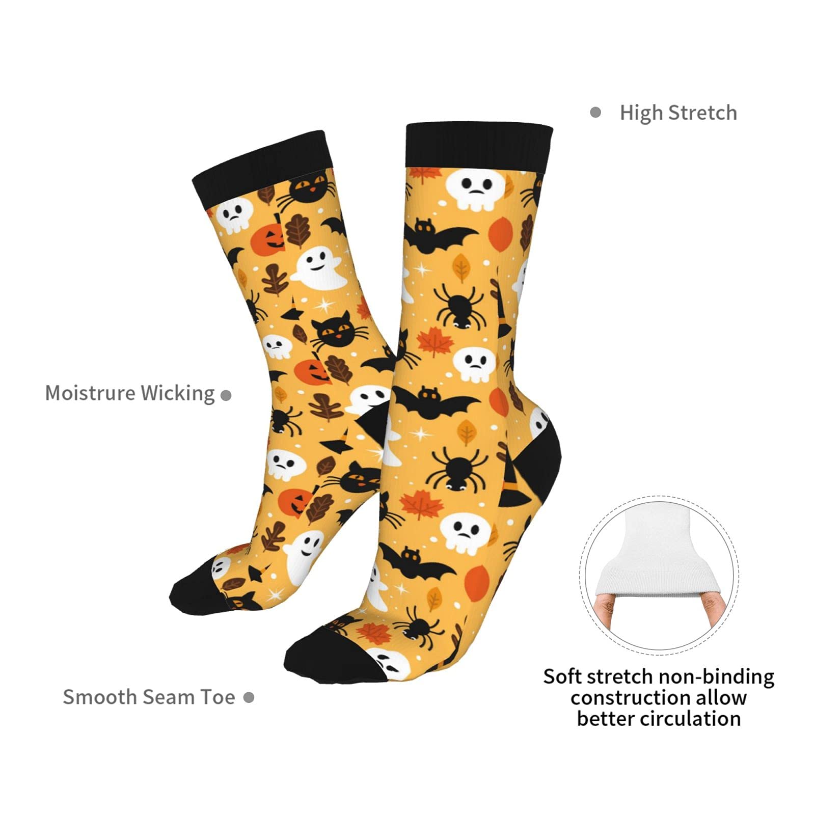 Halloween Ghost Black Cat Funny Compression Socks for Women & Men - Novelty Crew Socks Gift for Nurses, Athletes & Travelers - Perfect for Costumes, Workouts & Long Flights