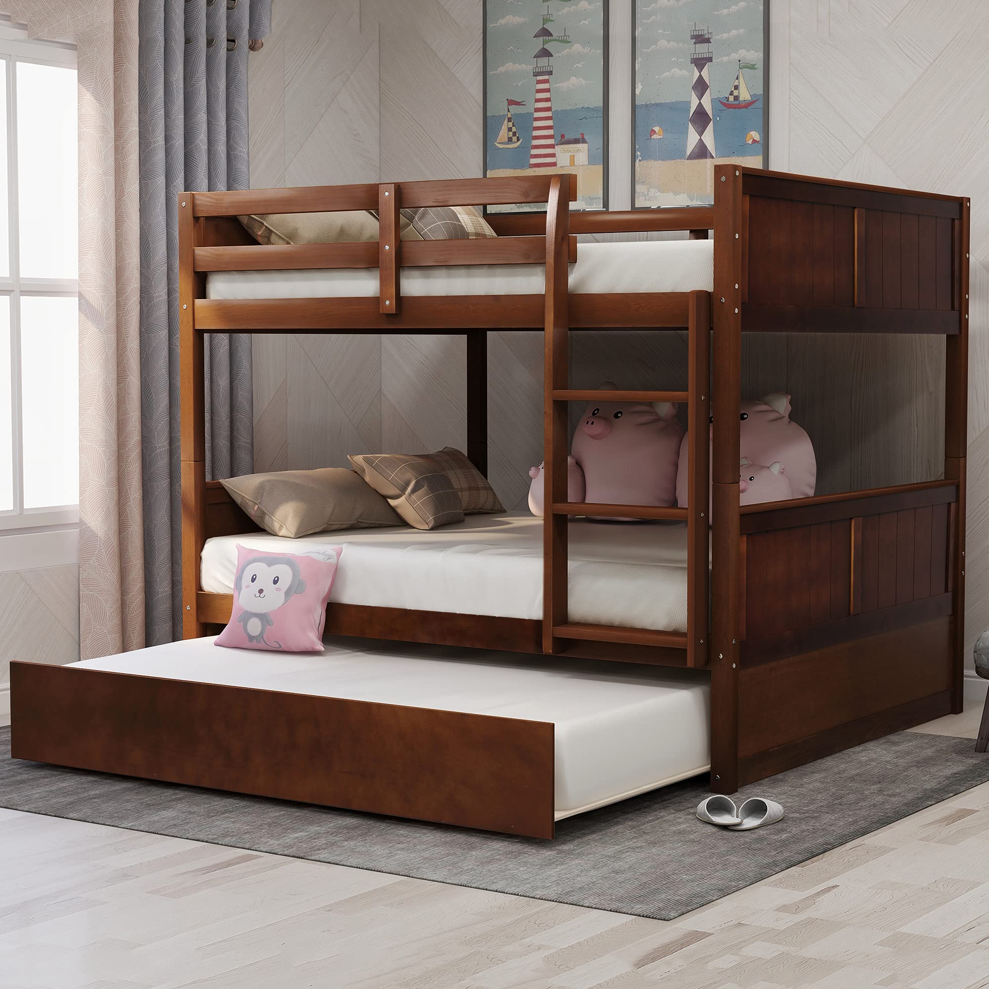 P PURLOVE Full Over Full Bunk Bed with Twin Trundle - Solid Wood Bunk Bed Frame with Safety Rail & Ladder - Space-Saving Bunk Beds for Teens & Kids - No Box Spring Needed (Walnut) - Perfect for Small Bedrooms, Guest Rooms & Vacation Homes