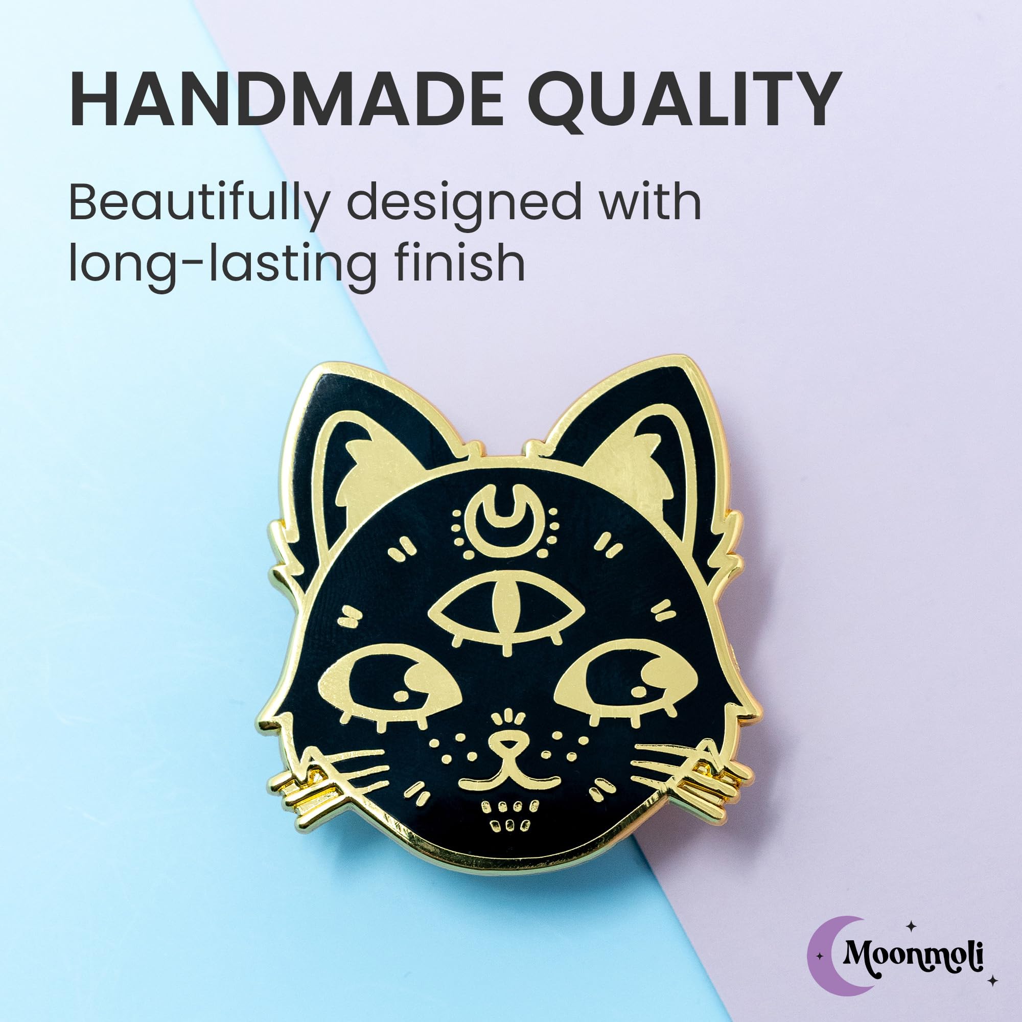 Black Cosmic Witch Cat Enamel Pins - Aesthetic Cat Lover Accessories with Crescent Moon & Third Eye Chakra Design for Halloween - Premium Metal Pins for Backpacks, Jackets, Hats & Denim | Perfect for Goth Fashion, Festival Outfits & Witchy Style