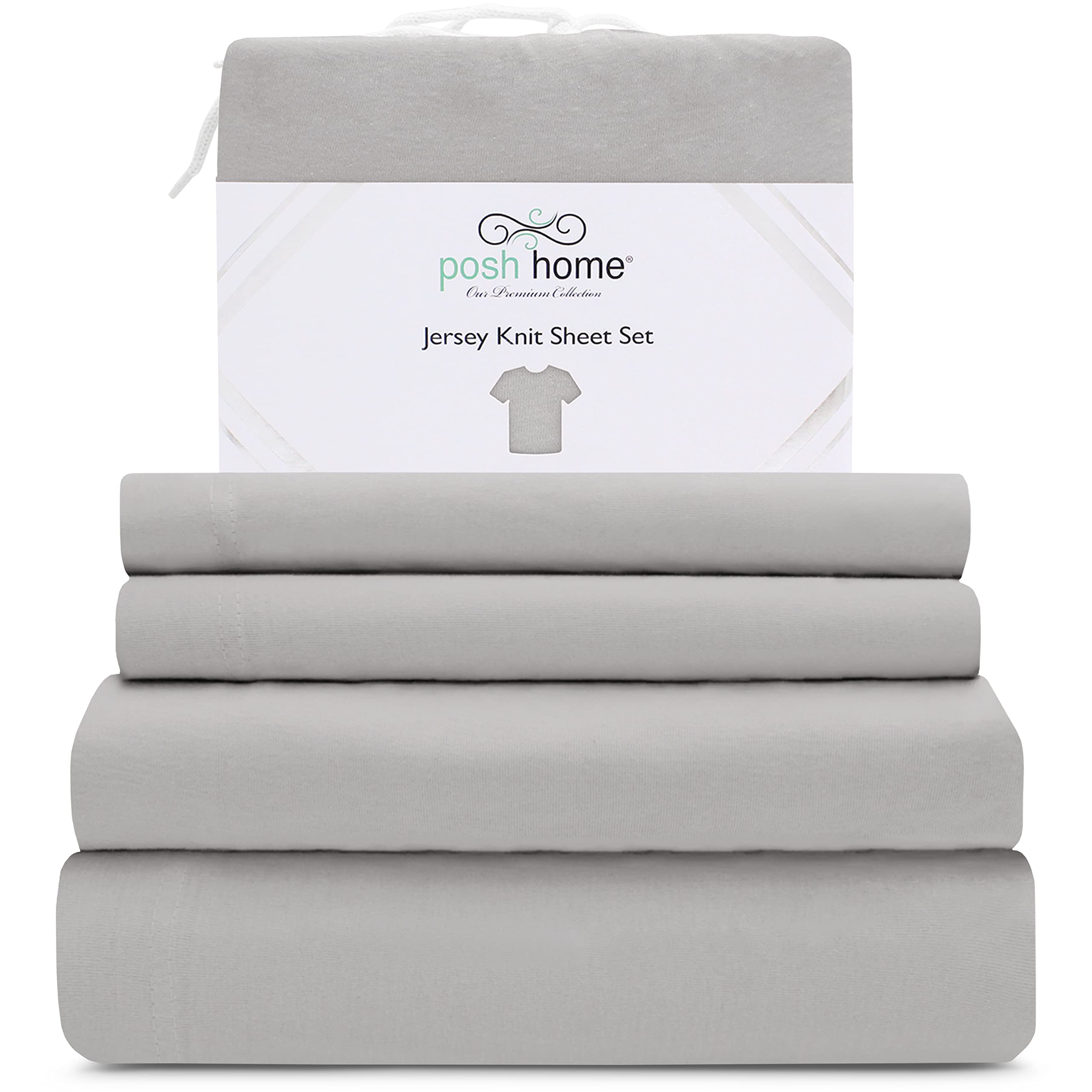 Posh Home Jersey Knit Sheet Set - 4-Piece Soft & Breathable Cotton Bed Sheets - Includes Flat Sheet, Fitted Sheet & 2 Pillowcases - King Size, Ashen Gray - Perfect for Cozy Nights & Comfortable Sleep