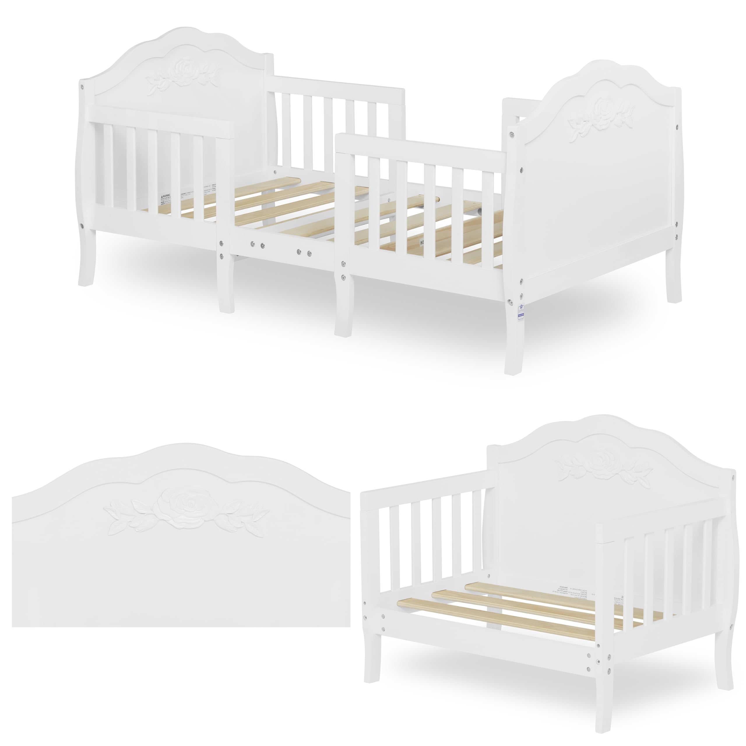 White Rose 3-in-1 Convertible Toddler Bed - Greenguard Gold & JPMA Certified with Safety Rails | Sustainable New Zealand Pinewood | Perfect for Nursery, Daycare & Small Kids' Rooms
