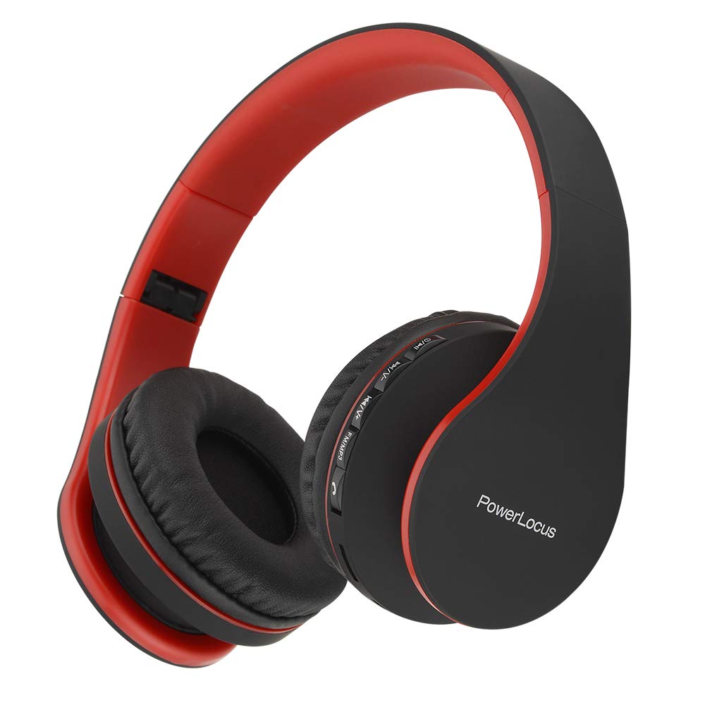 PowerLocus Wireless Bluetooth Over-Ear Headphones with Microphone - Foldable, Rechargeable Stereo Headset for iPhone, Samsung, LG, iPad - Perfect for Travel, Gaming & Music (Black/Red)