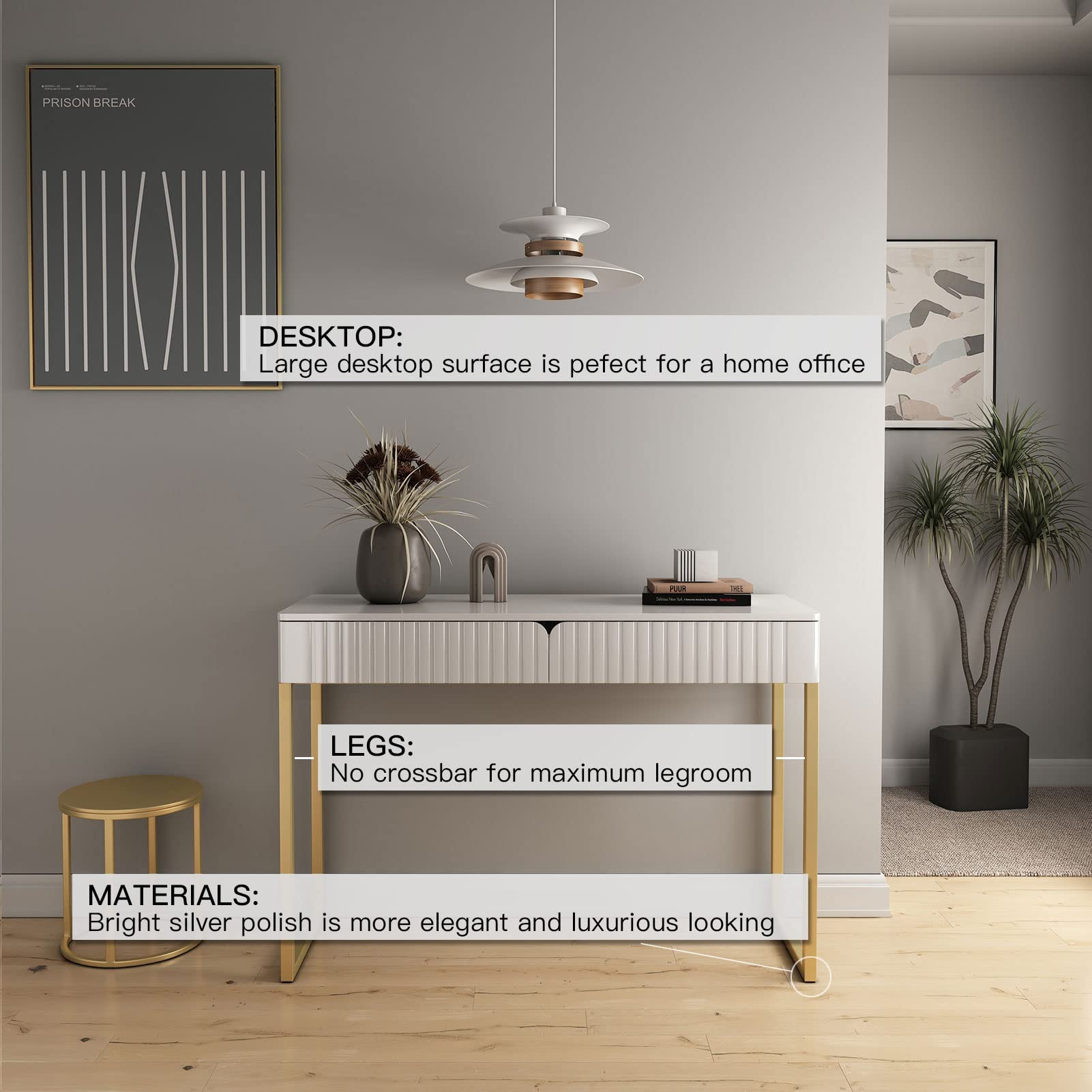 Modern Gold Legs Writing Desk with 2 Drawers - 43.3x15.75 Inch Home Office Desk for Computer Work, Makeup Vanity, Study or Entryway Sofa Table - Perfect for Small Spaces & Contemporary Decor
