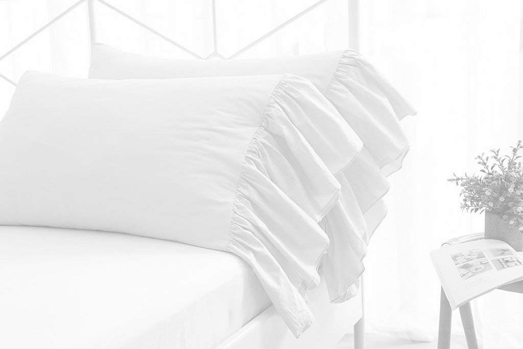 Premium Set of 2 Ruffled Pillow Cases - 400 Thread Count 100% Egyptian Cotton - Solid White Queen Size (20x30 Inches) - Luxury Bedding for Master Bedroom, Guest Room & Home Decor